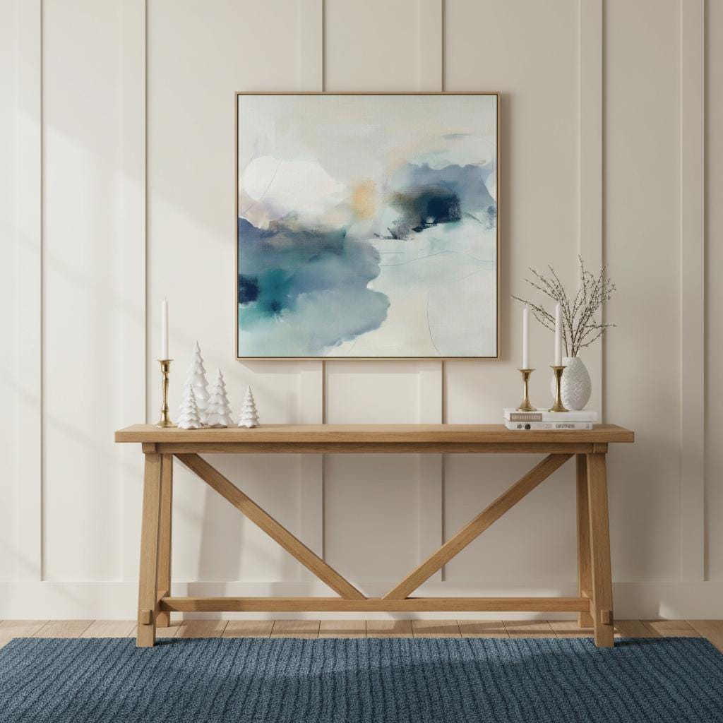 Square abstract canvas in winter white, misty blue, and soft gray tones with a serene alpine-inspired style; perfect for winter homes, lodges, and soft minimal interiors; gallery-wrapped canvas by Muse Studio.
