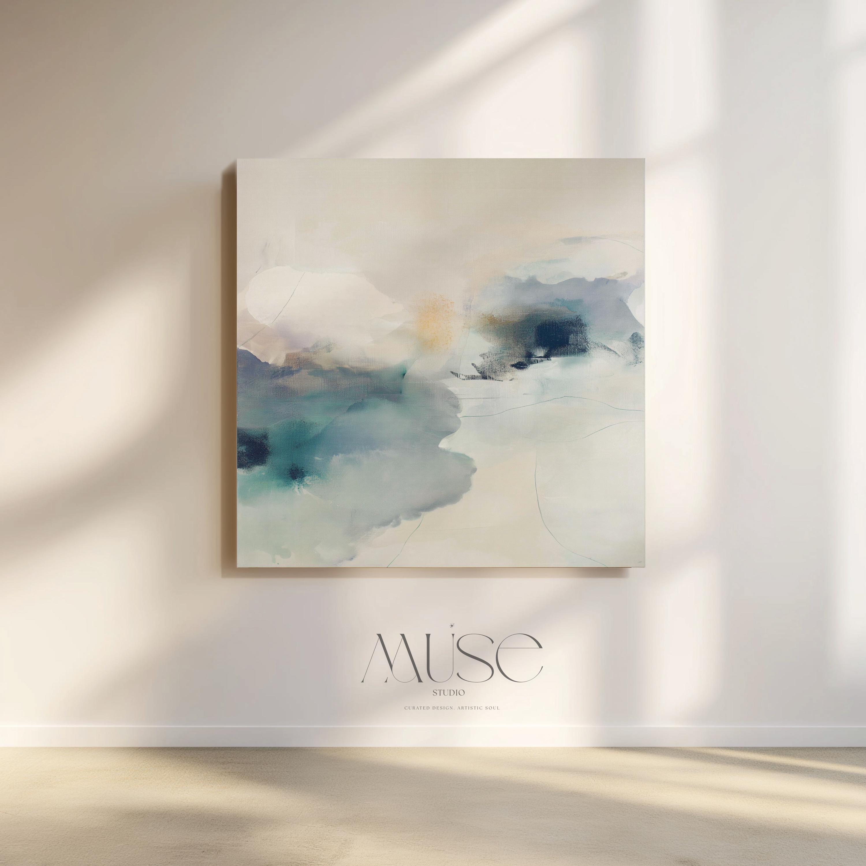 Square abstract canvas in winter white and coastal blue tones with a soft minimal style, ideal for Coastal Christmas décor in living rooms, beach homes, and serene holiday interiors; gallery-wrapped canvas by Muse Studio.