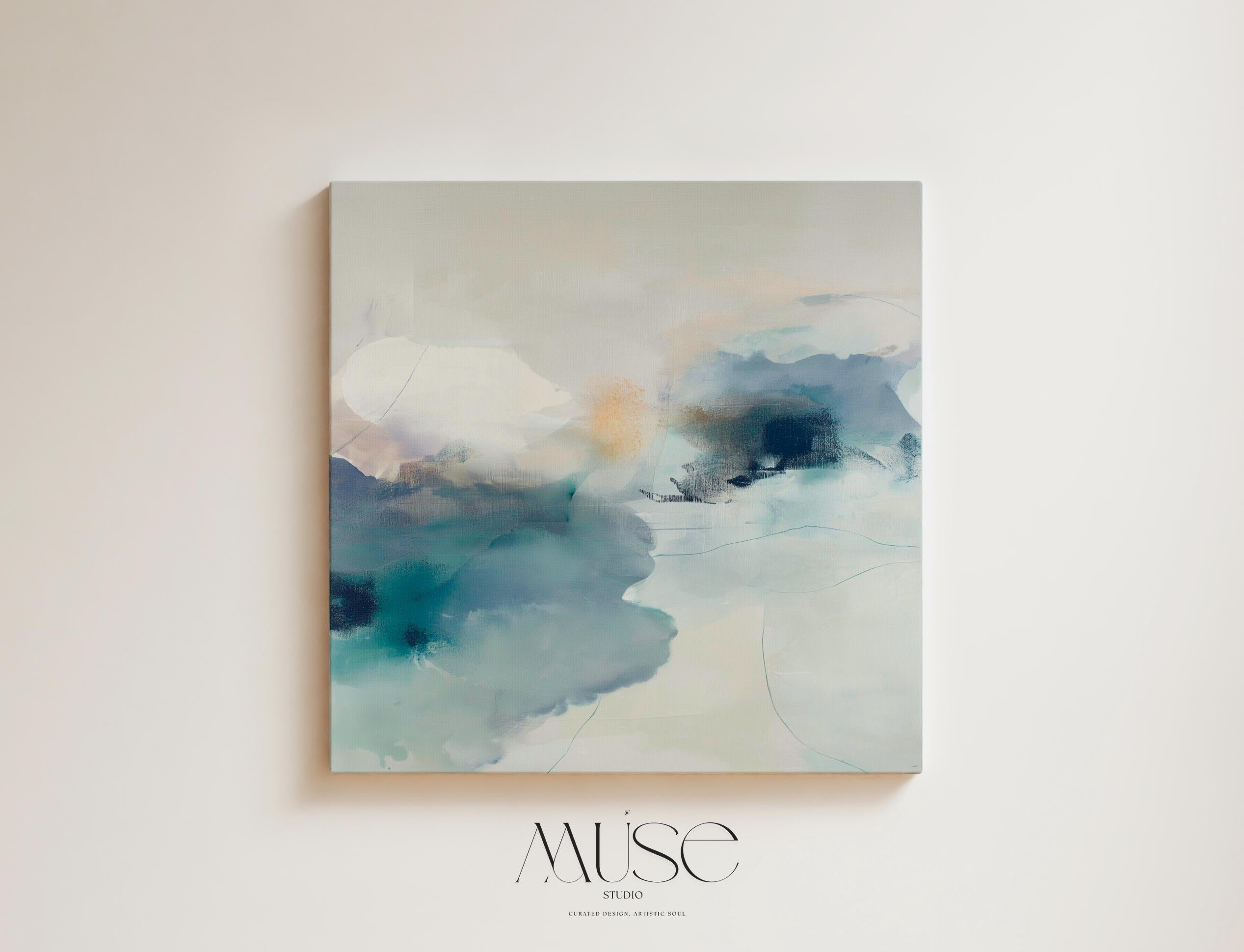 Square abstract canvas in winter white and coastal blue tones with a soft minimal style, ideal for Coastal Christmas décor in living rooms, beach homes, and serene holiday interiors; gallery-wrapped canvas by Muse Studio.