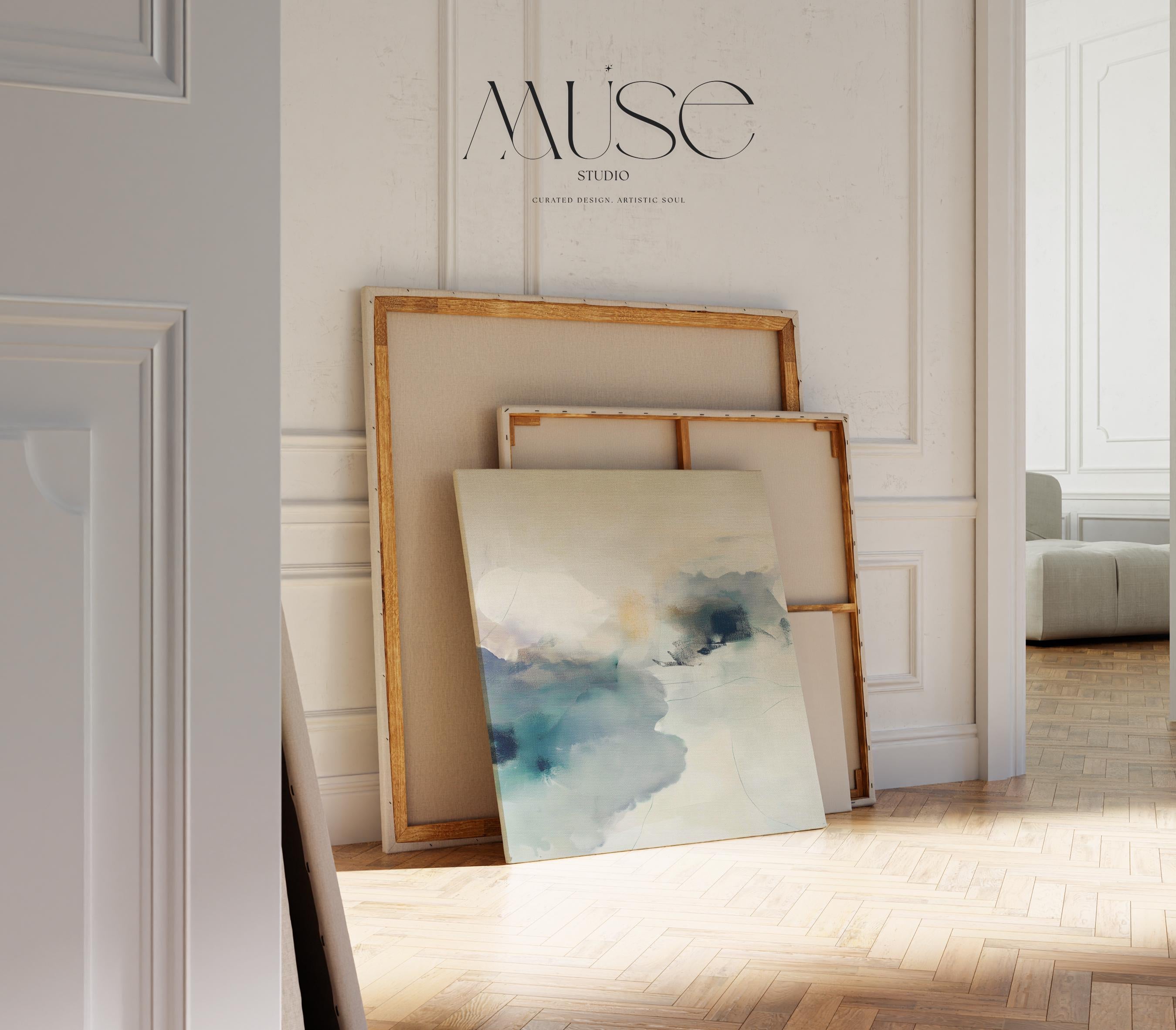 Square abstract canvas in winter white and coastal blue tones with a soft minimal style, ideal for Coastal Christmas décor in living rooms, beach homes, and serene holiday interiors; gallery-wrapped canvas by Muse Studio.