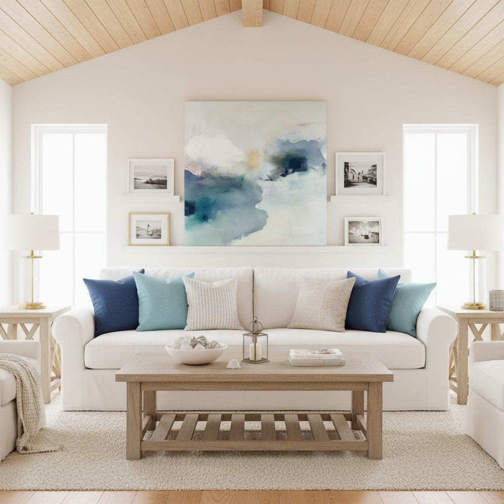 Square abstract canvas in winter white and coastal blue tones with a soft minimal style, ideal for Coastal Christmas décor in living rooms, beach homes, and serene holiday interiors; gallery-wrapped canvas by Muse Studio.