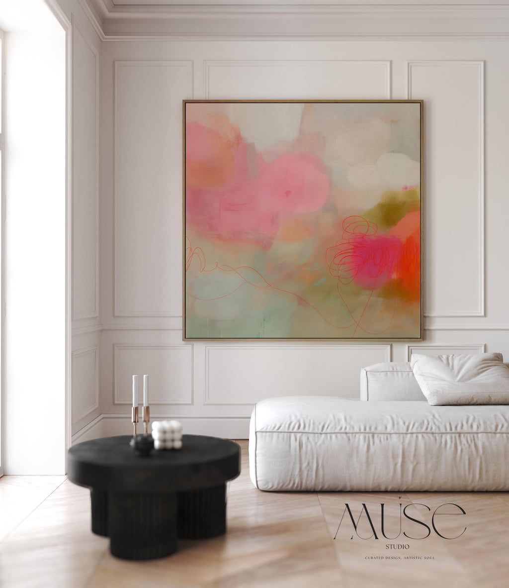 Large Square Abstract Canvas Wall Art in Blush and Coral • Modern Minimalist Painting for Living Room or Bedroom Decor • Muse Studio 528