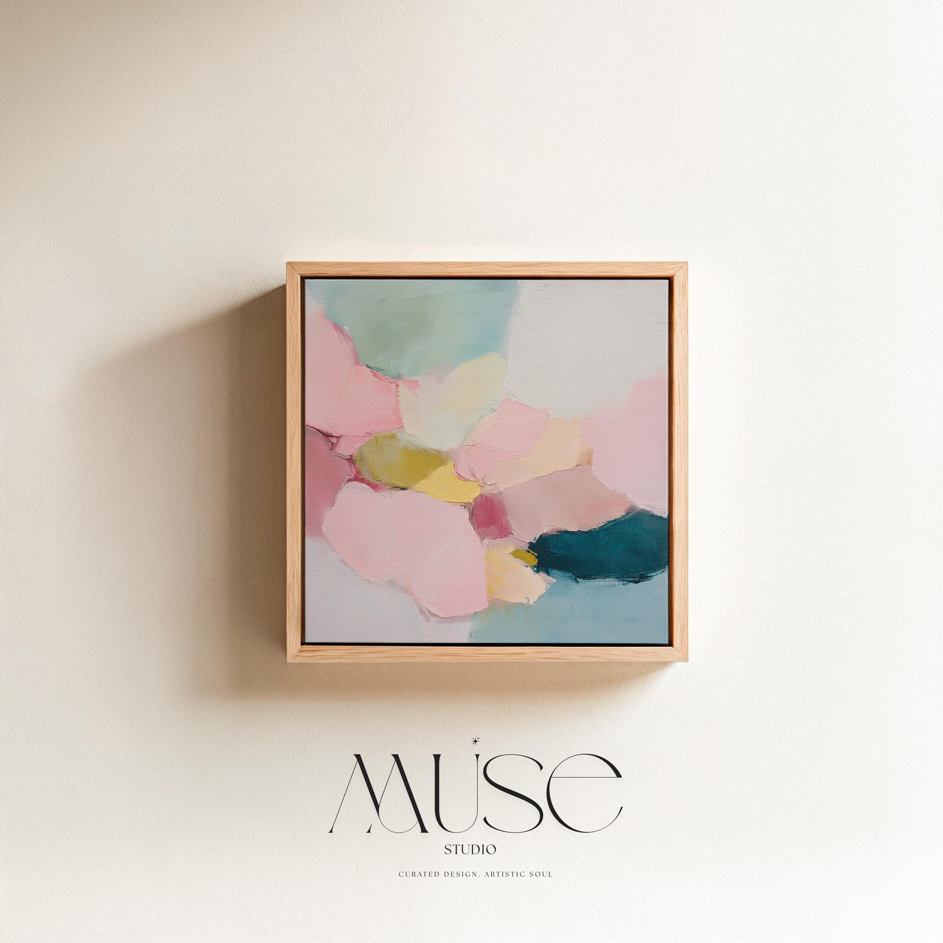 Blush Current No. 1010 by Muse Studio vertical pastel abstract wall art in blush pink, teal, and soft sage tones, printed with museum-grade giclée inks on premium gallery-wrapped artist canvas and framed in a natural wood float frame, styled as square pastel minimal wall decor in a serene designer bedroom with custom frame options in natural, white, black, antique gold, and antique silver.