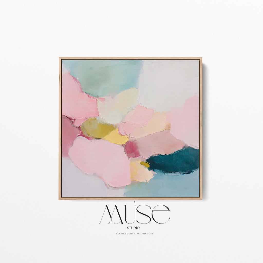Large square abstract framed canvas wall art featuring soft blush pink, muted teal, pale aqua blue, and butter yellow painterly shapes with visible texture, styled in a modern neutral living room, offering calm color contrast and quiet luxury for above sofa or bedroom wall placement.