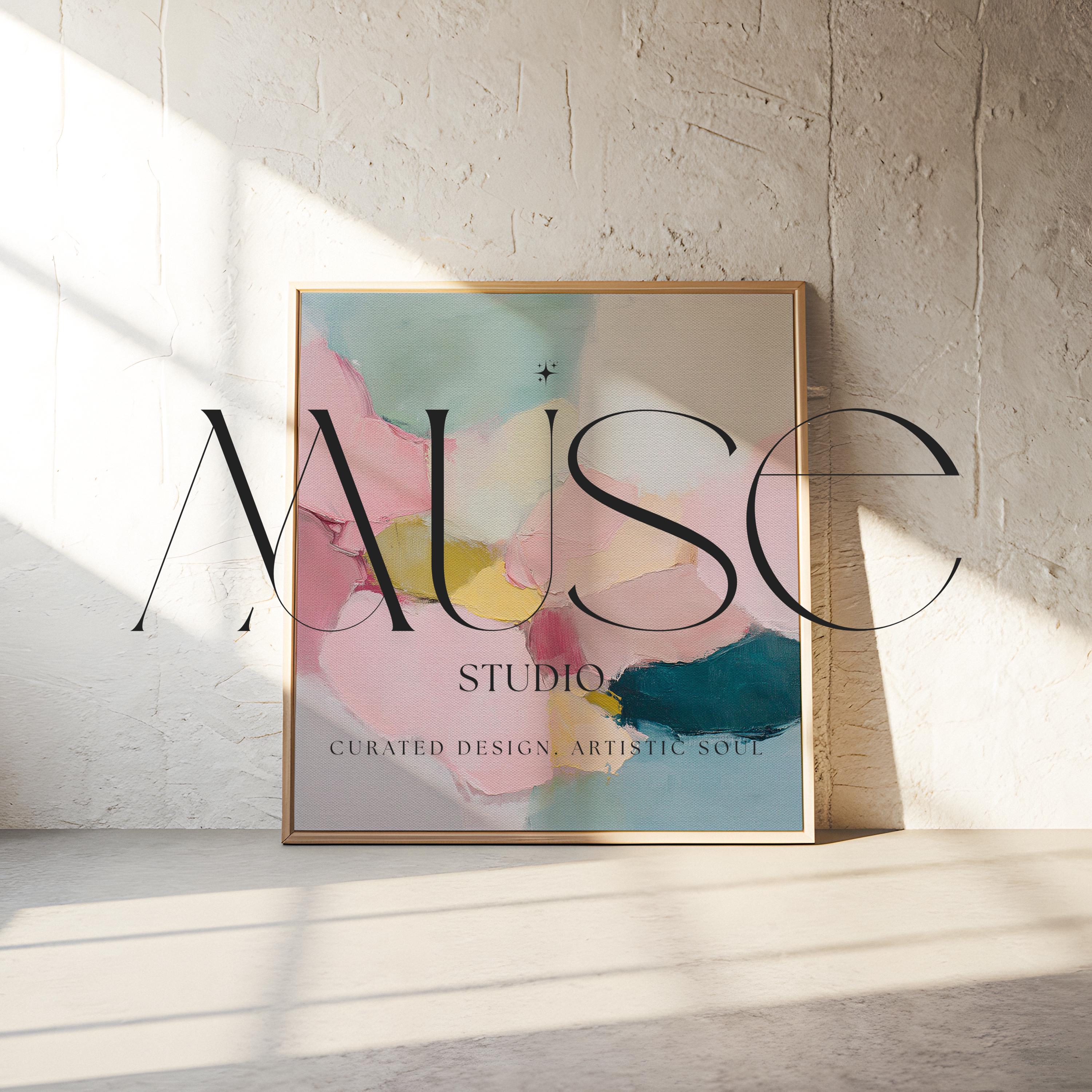 Large square abstract framed canvas wall art featuring soft blush pink, muted teal, pale aqua blue, and butter yellow painterly shapes with visible texture, styled in a modern neutral living room, offering calm color contrast and quiet luxury for above sofa or bedroom wall placement.