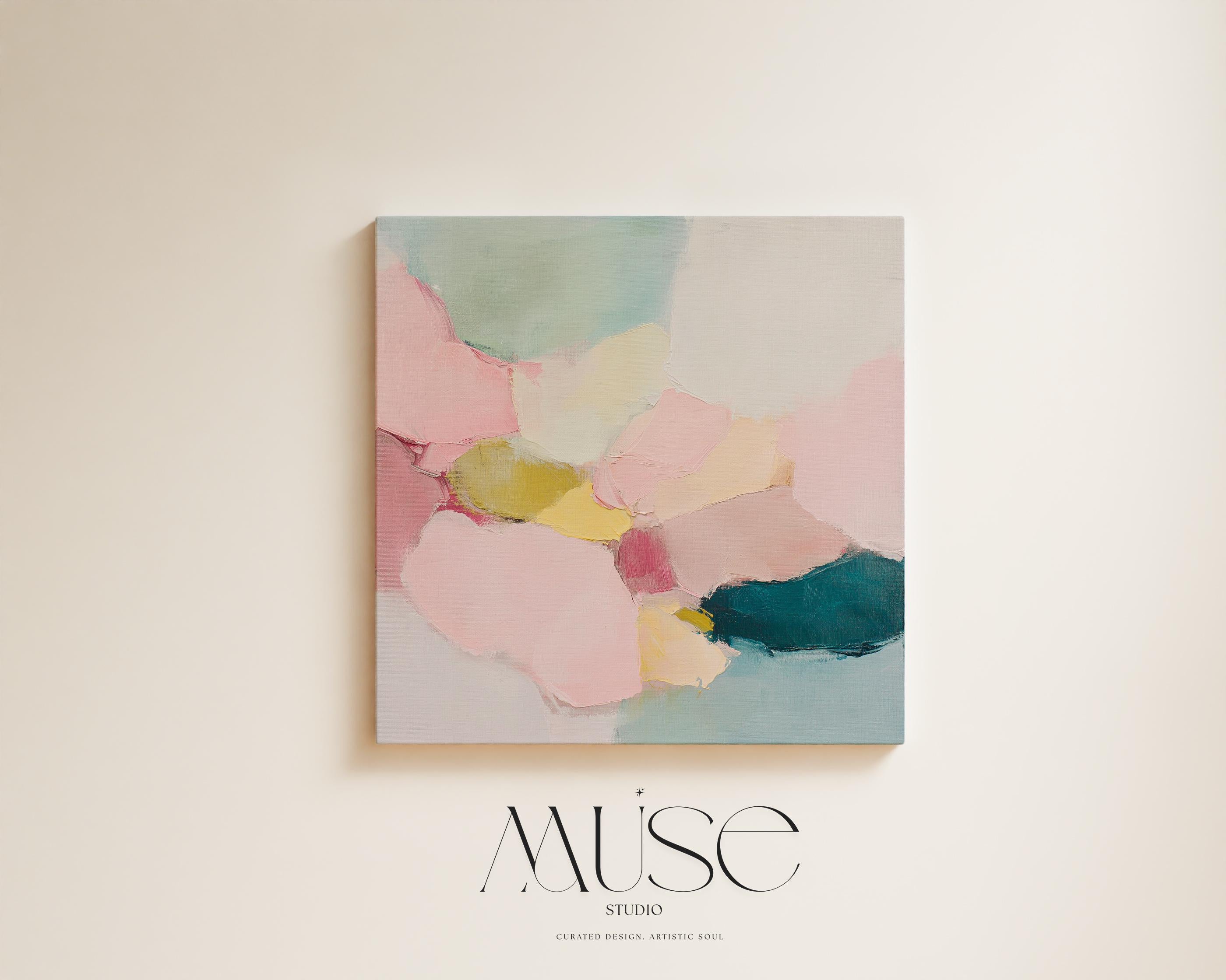 Large square abstract canvas wall art featuring blush pink, muted teal, pale aqua blue, and butter yellow painterly shapes with visible texture, styled above a modern sofa in a calm contemporary living room, offering soft color contrast and quiet luxury in oversized square format.