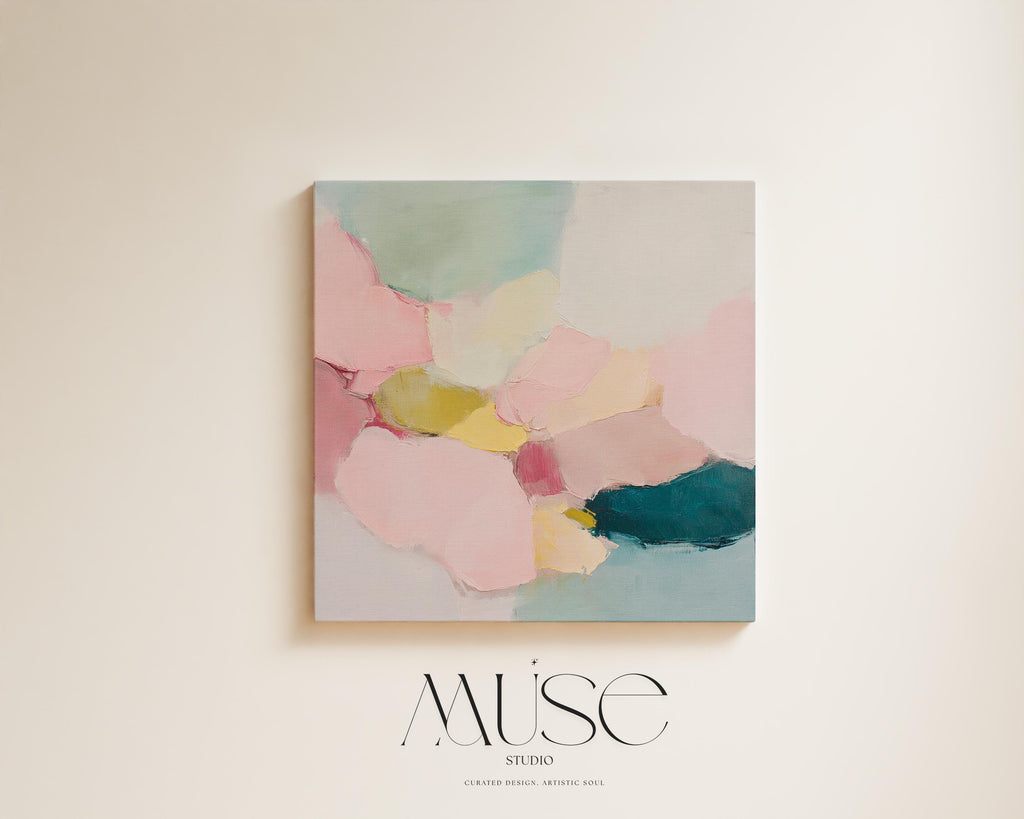 Large square abstract canvas wall art featuring blush pink, muted teal, pale aqua blue, and butter yellow painterly shapes with visible texture, styled above a modern sofa in a calm contemporary living room, offering soft color contrast and quiet luxury in oversized square format.