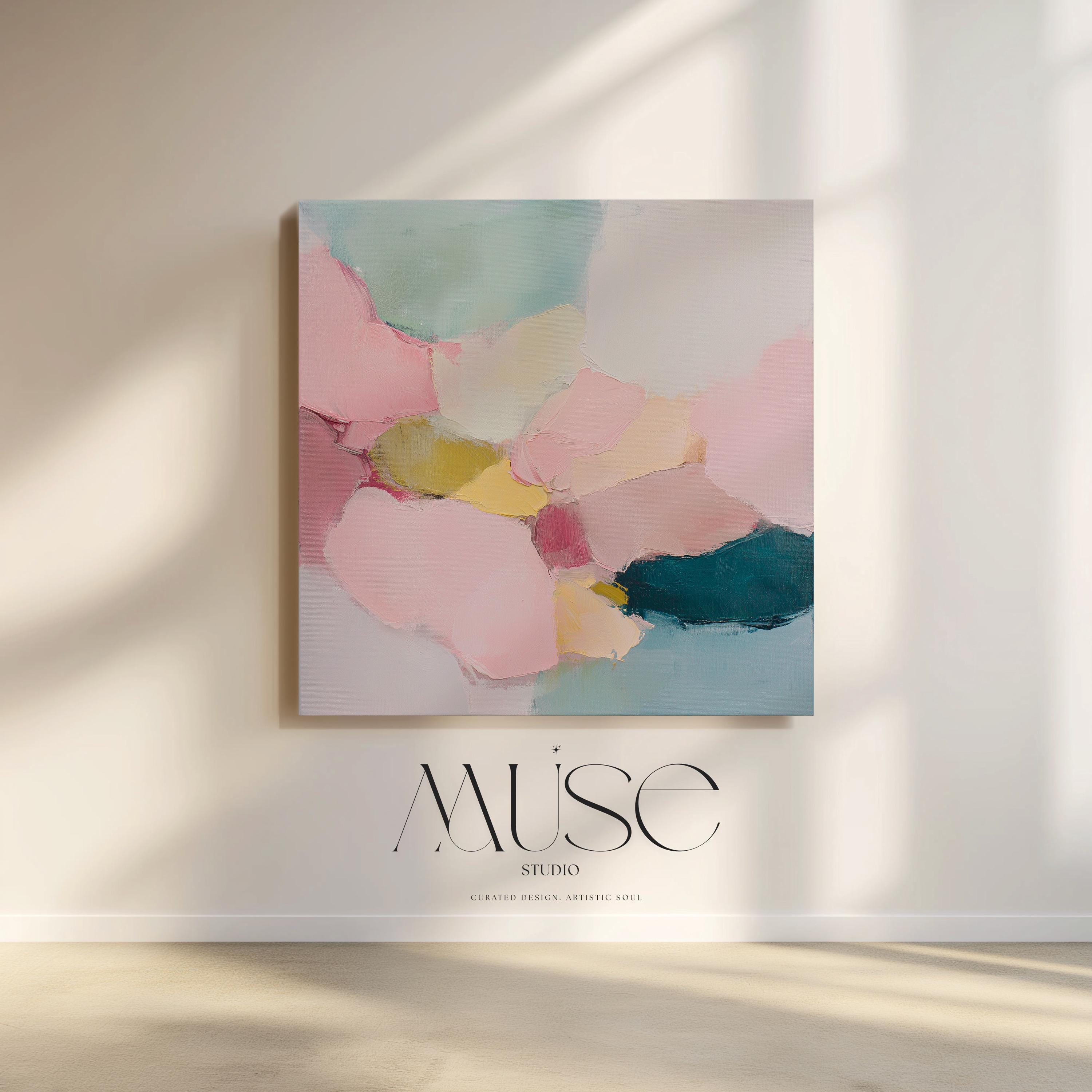 Large square abstract canvas wall art featuring blush pink, muted teal, pale aqua blue, and butter yellow painterly shapes with visible texture, styled above a modern sofa in a calm contemporary living room, offering soft color contrast and quiet luxury in oversized square format.