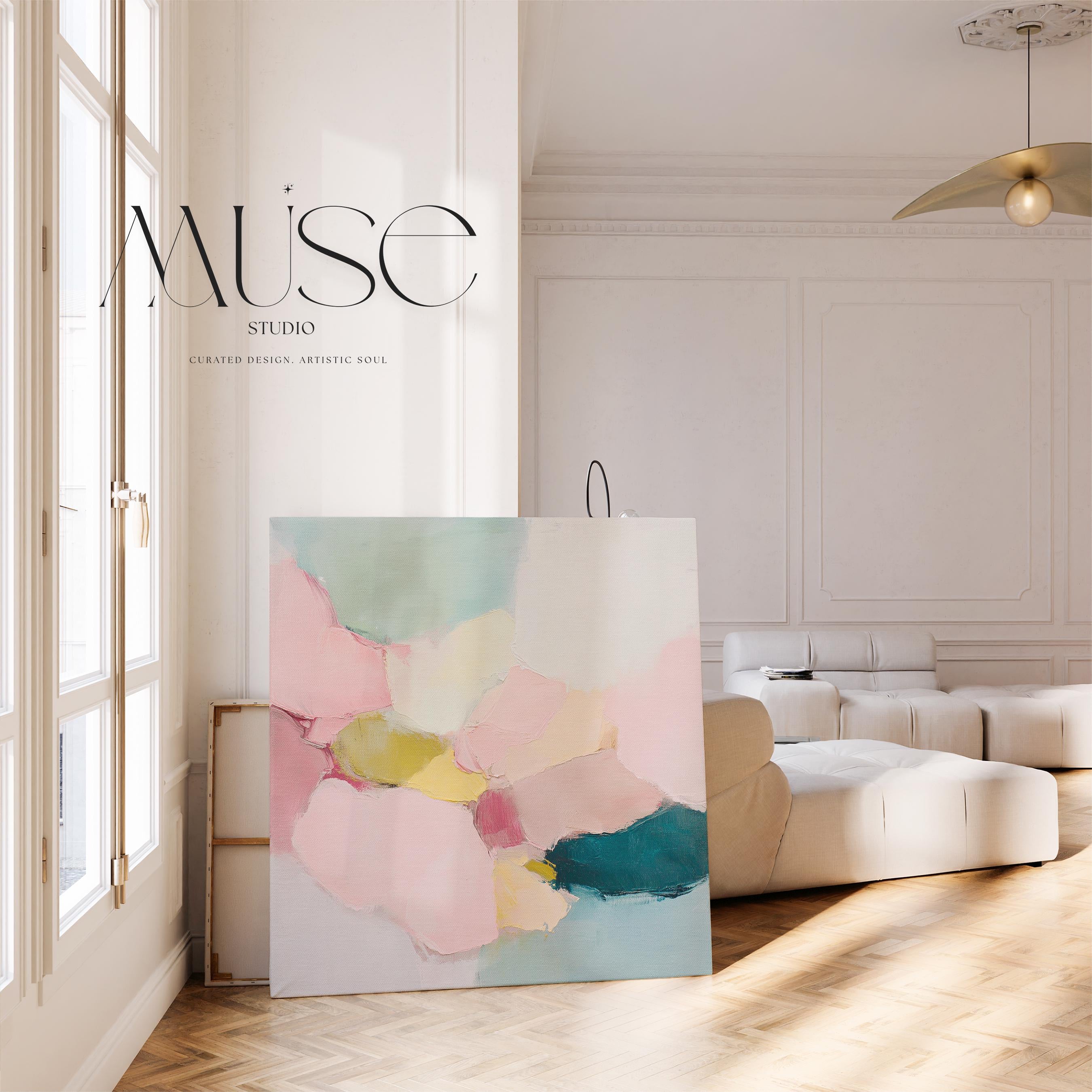 Large square abstract canvas wall art featuring blush pink, muted teal, pale aqua blue, and butter yellow painterly shapes with visible texture, styled above a modern sofa in a calm contemporary living room, offering soft color contrast and quiet luxury in oversized square format.