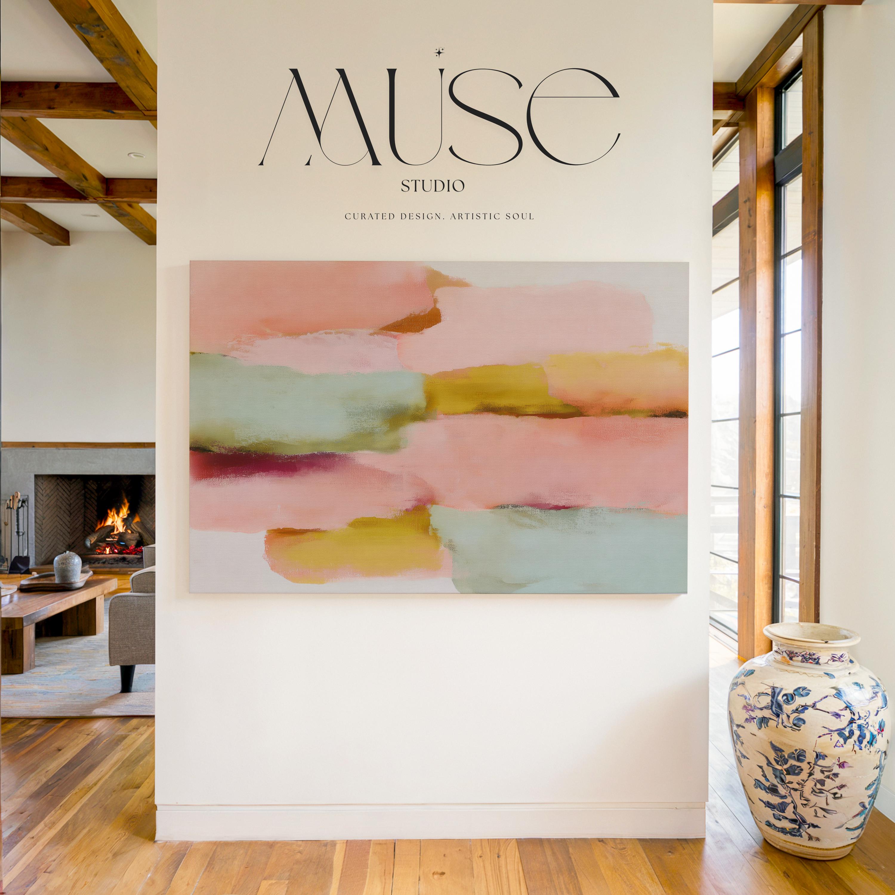 Large horizontal abstract canvas wall art featuring blush pink, coral, muted aqua blue, golden ochre, and soft plum brushstrokes, designed for above couch placement in a modern neutral living room, adding warm contemporary color and elongated wall coverage.