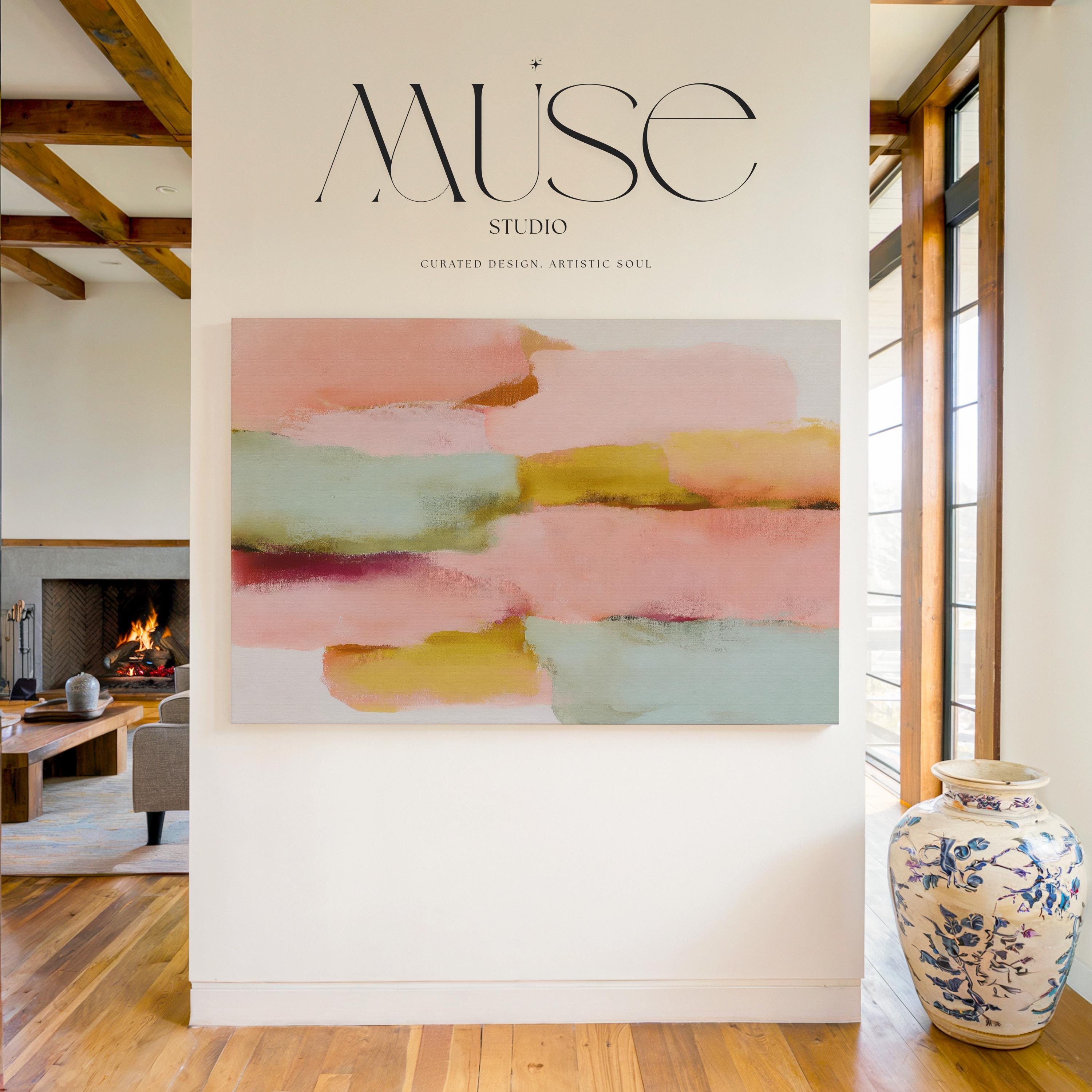 Blush Current No. 1011 by Muse Studio & Co. pastel minimal abstract canvas wall art in blush pink, soft teal, pale aqua, and warm butter yellow, printed with museum-grade giclée inks on premium gallery-wrapped artist canvas and styled as large horizontal pastel wall decor in a warm modern living room with wood beams and natural textures.