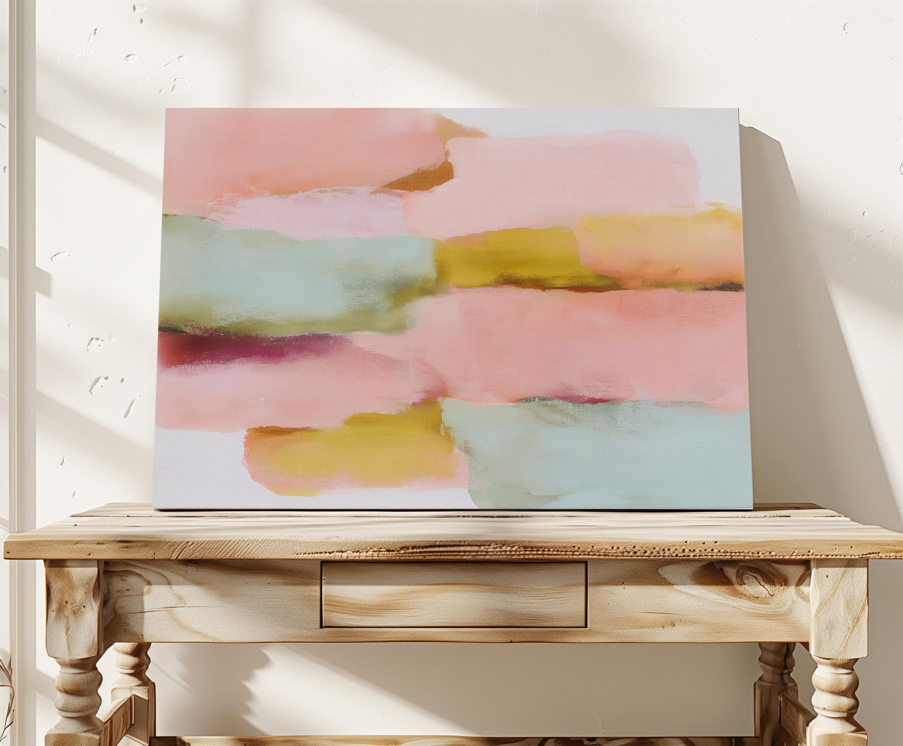 Blush Current No. 1011 by Muse Studio & Co. pastel minimal abstract canvas wall art in blush pink, soft teal, pale aqua, and warm butter yellow, printed with museum-grade giclée inks on premium gallery-wrapped artist canvas and styled as large horizontal pastel wall decor in a warm modern living room with wood beams and natural textures.