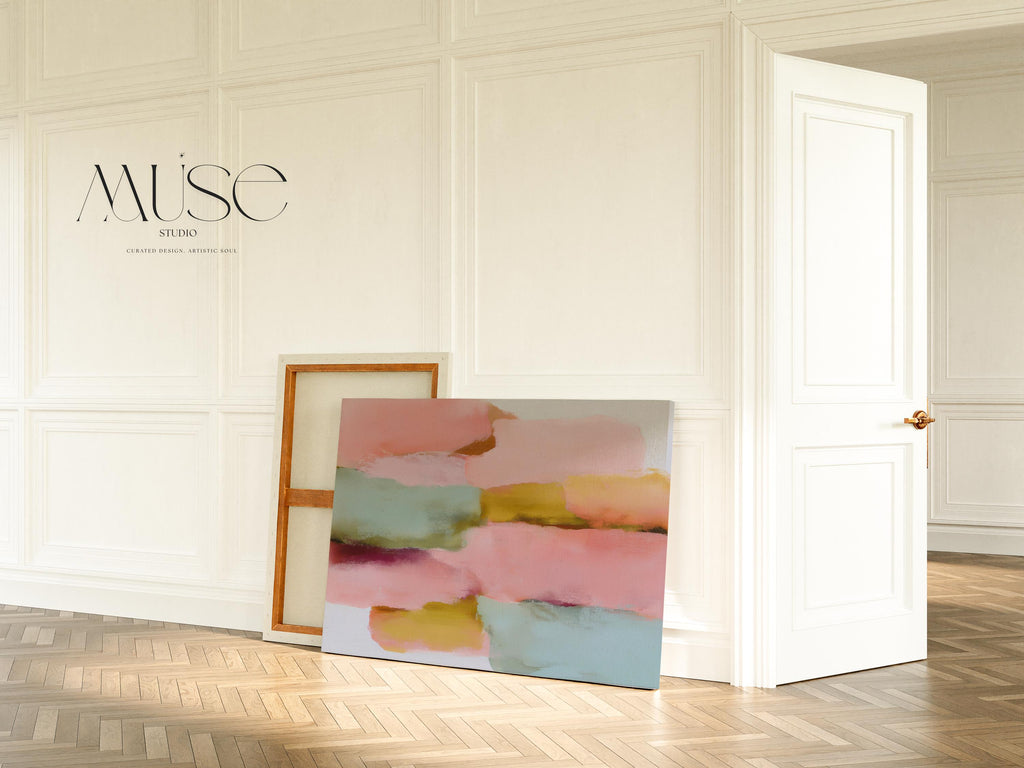 Large horizontal abstract canvas wall art featuring blush pink, coral, muted aqua blue, golden ochre, and soft plum brushstrokes, designed for above couch placement in a modern neutral living room, adding warm contemporary color and elongated wall coverage.