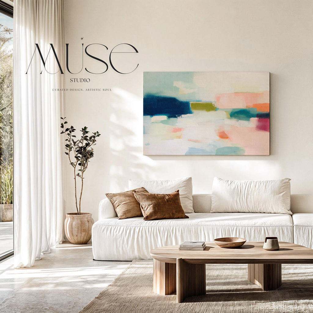 Harbor Light No. 1013 by Muse Studio & Co. large horizontal abstract canvas wall art in navy blue and blush pink tones, printed with museum-grade giclée inks on premium gallery-wrapped artist canvas and styled as modern coastal wall decor in a serene designer living room.