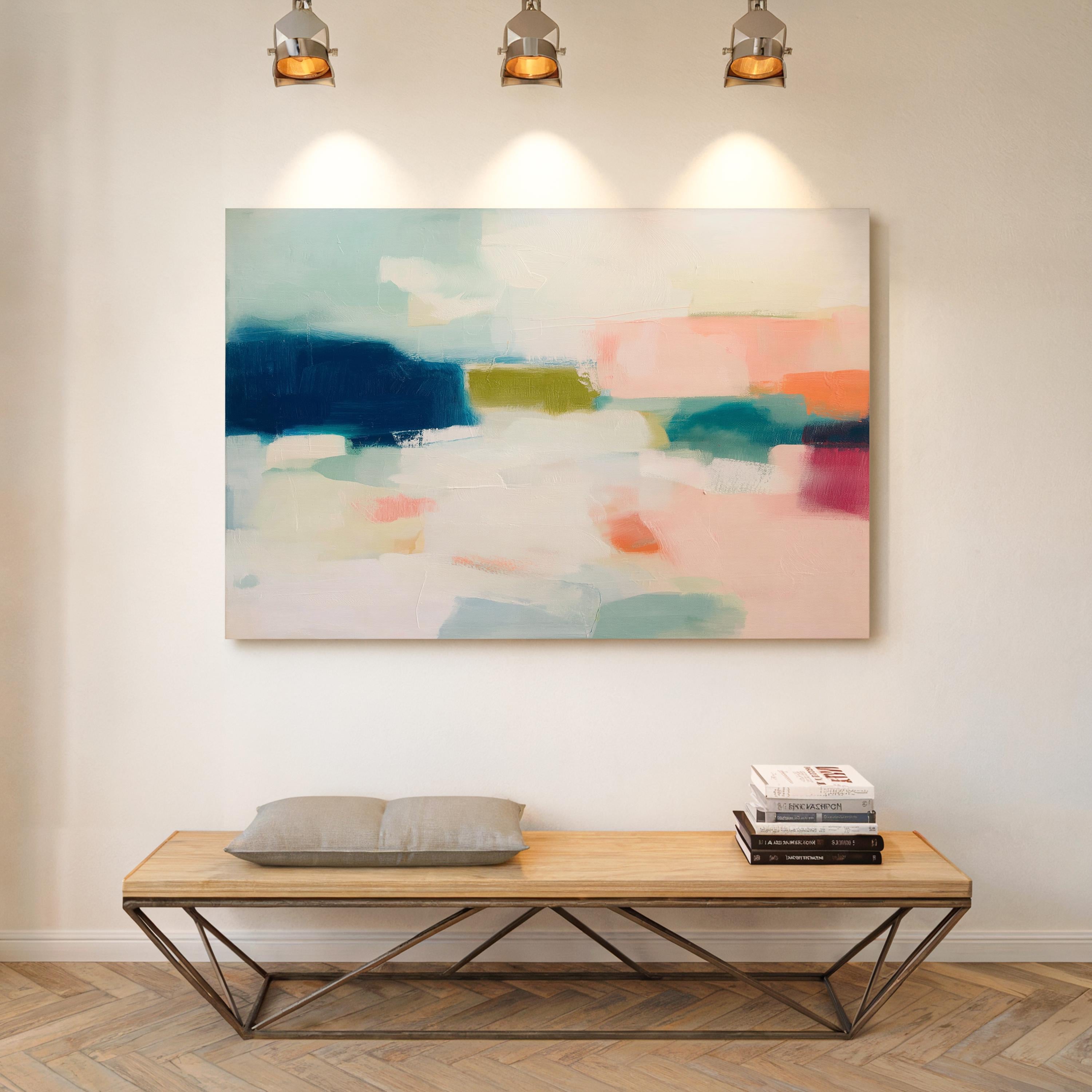 Large horizontal abstract canvas wall art featuring navy blue, muted aqua, blush pink, olive green, and coral tones layered across a soft white background, designed for above couch placement in a modern coastal living room, offering rich contrast and contemporary warmth.