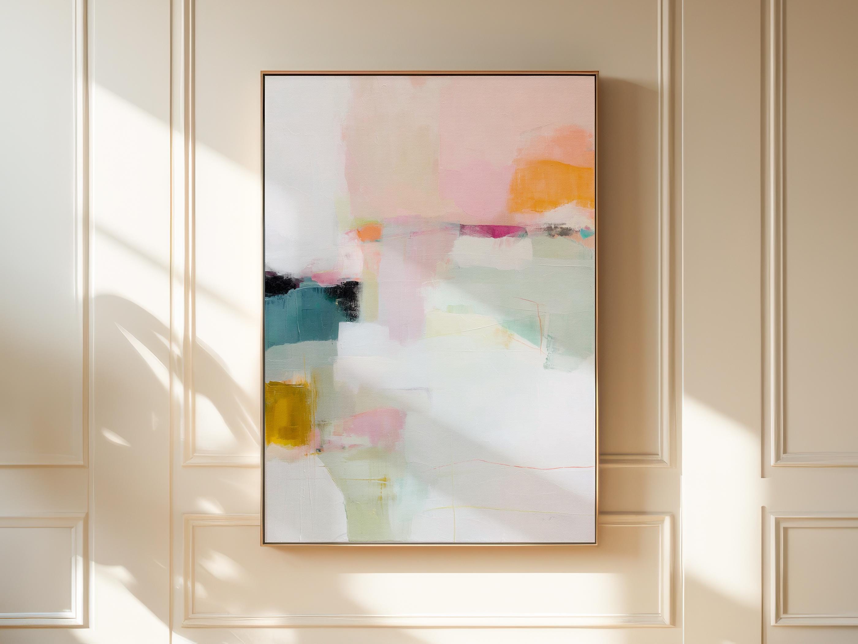 Large vertical abstract framed canvas wall art featuring blush pink, pale mint green, muted teal, warm ochre, coral accents, and layered white brushstrokes, styled in a modern neutral bedroom, offering soft contemporary color and elegant vertical balance.