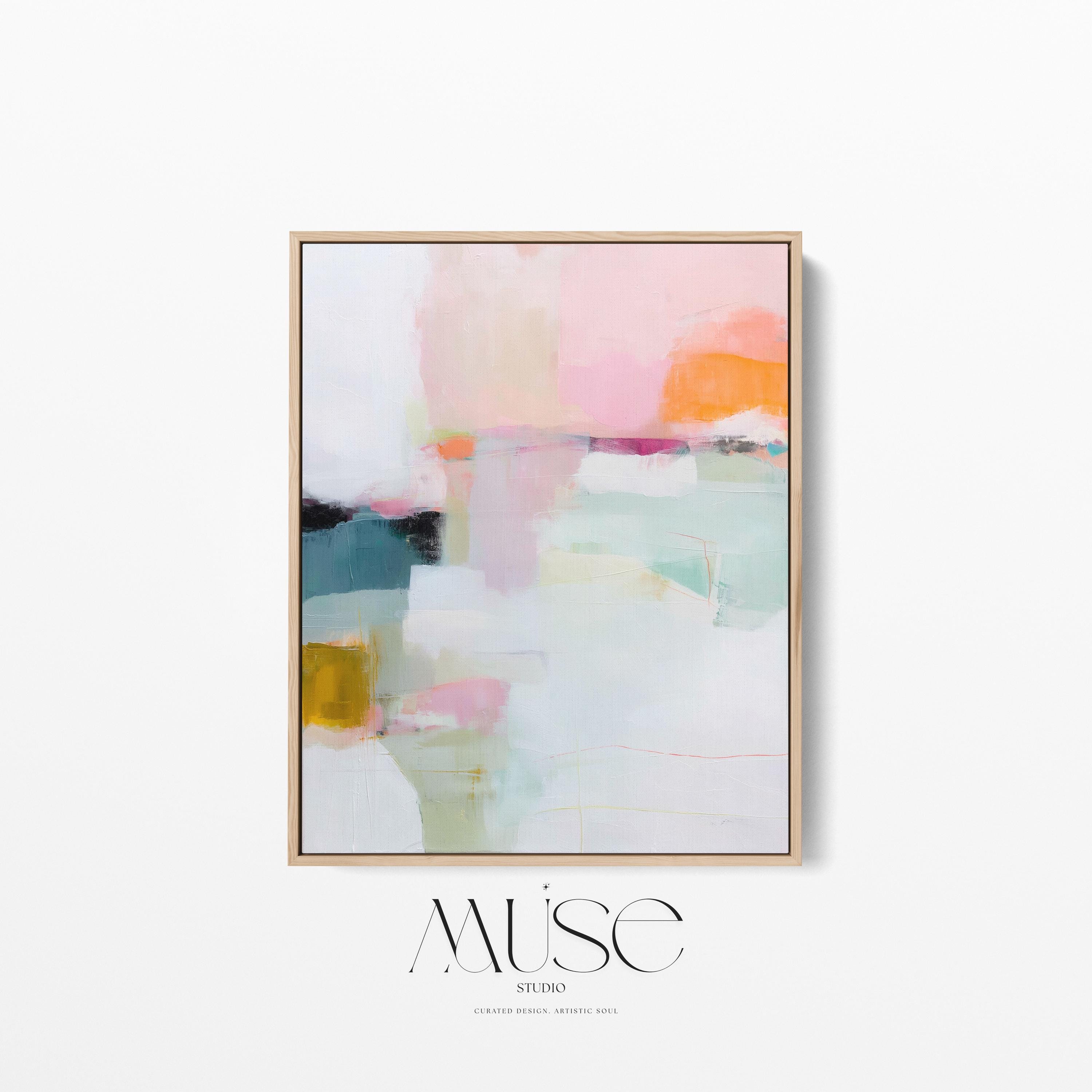 Large vertical abstract framed canvas wall art featuring blush pink, pale mint green, muted teal, warm ochre, coral accents, and layered white brushstrokes, styled in a modern neutral bedroom, offering soft contemporary color and elegant vertical balance.
