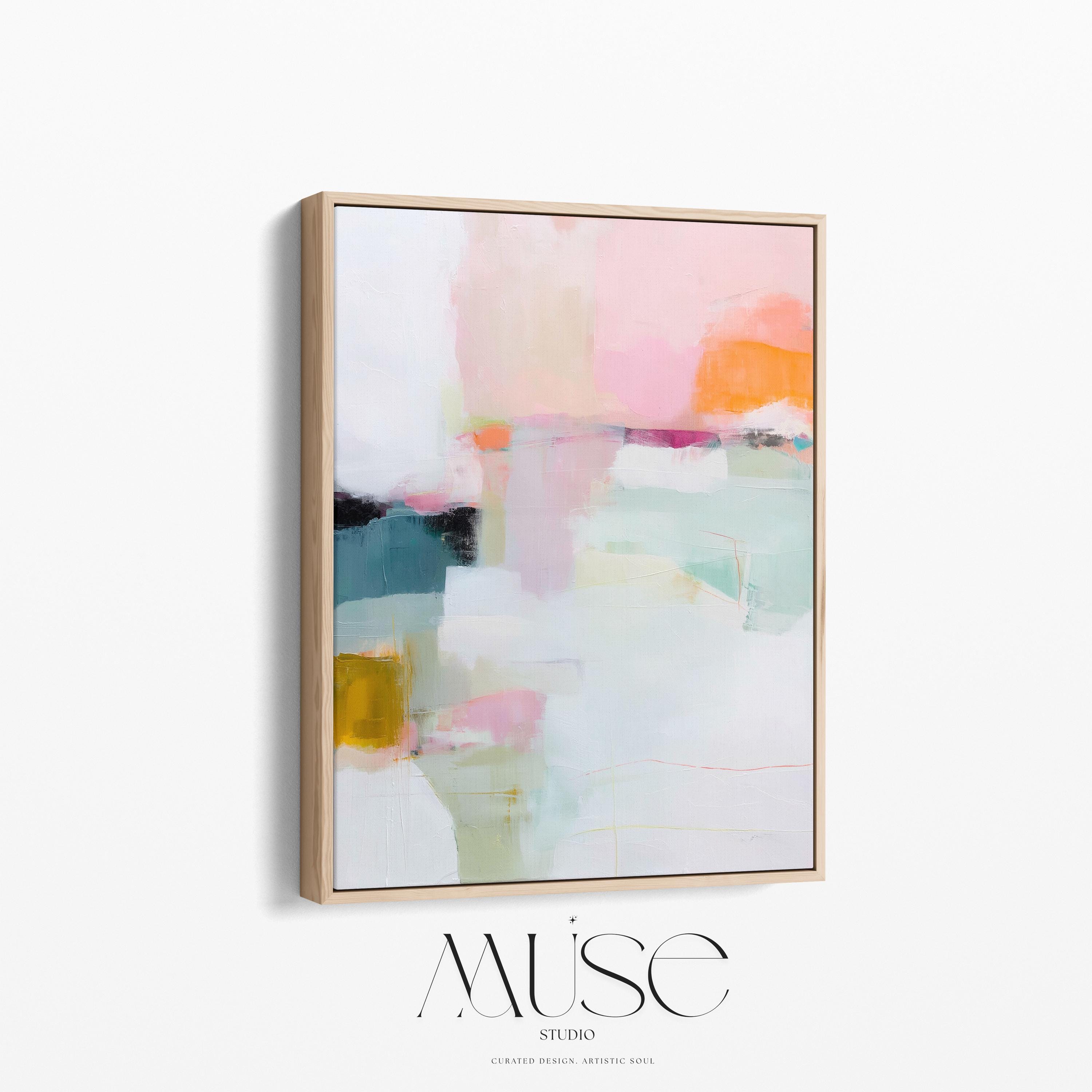 Large vertical abstract framed canvas wall art featuring blush pink, pale mint green, muted teal, warm ochre, coral accents, and layered white brushstrokes, styled in a modern neutral bedroom, offering soft contemporary color and elegant vertical balance.