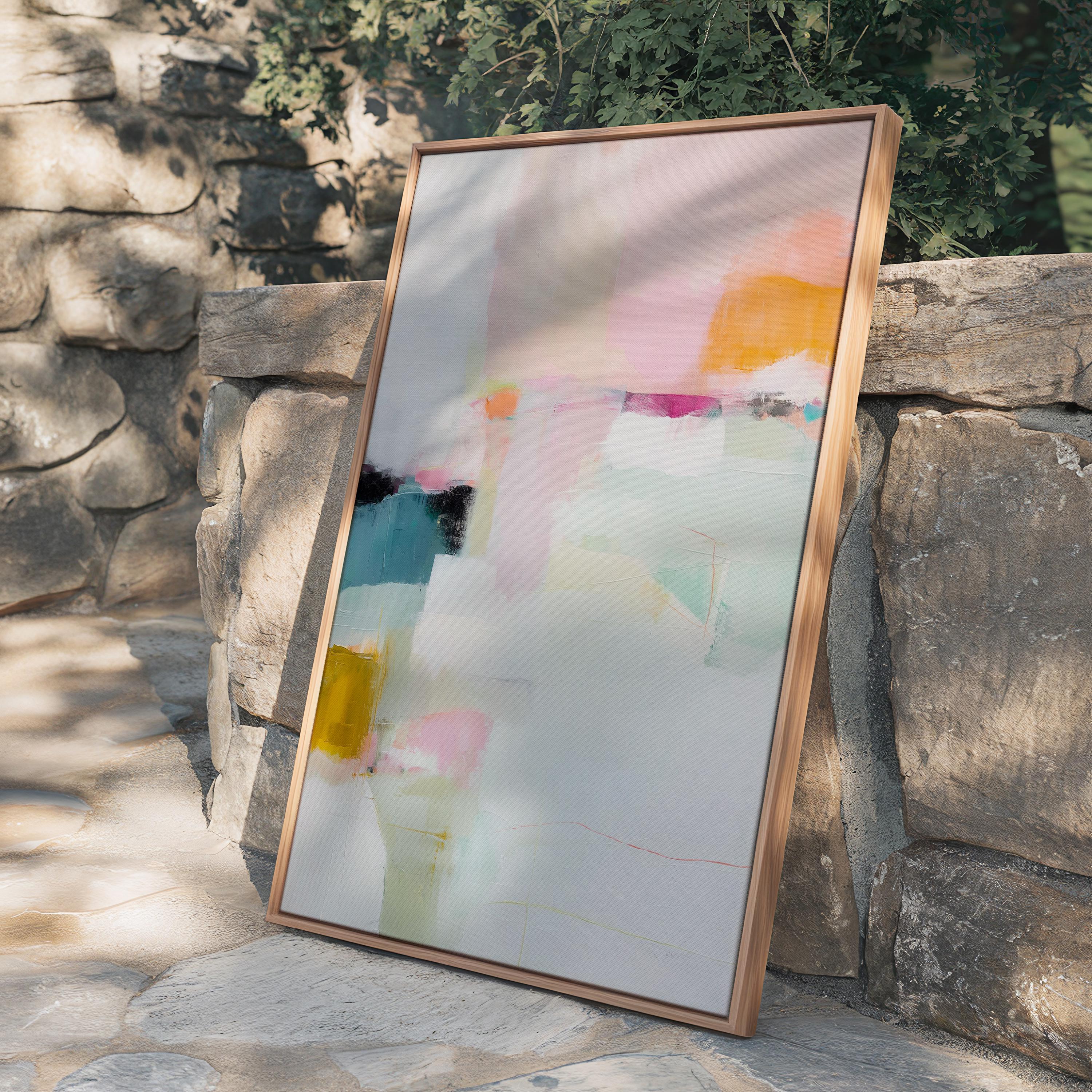 Large vertical abstract framed canvas wall art featuring blush pink, pale mint green, muted teal, warm ochre, coral accents, and layered white brushstrokes, styled in a modern neutral bedroom, offering soft contemporary color and elegant vertical balance.