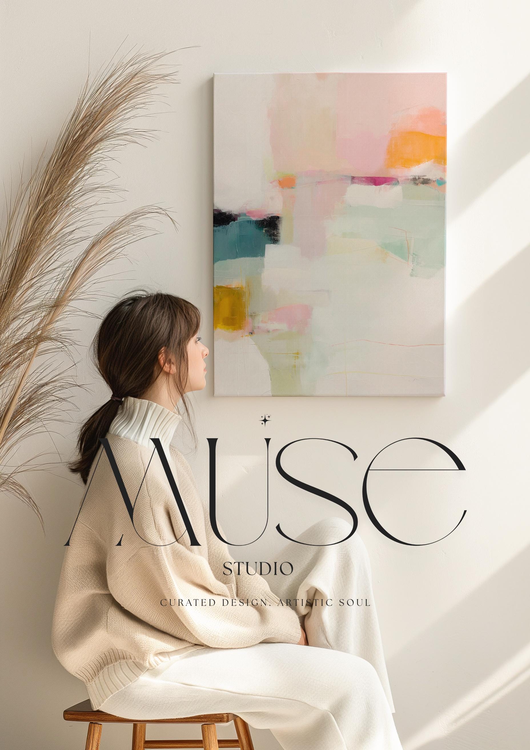 Large vertical abstract canvas wall art featuring blush pink, mint green, muted teal, ochre yellow, and soft coral layered over white, designed for bedroom or entryway placement, adding height and refined contemporary color to modern interiors.