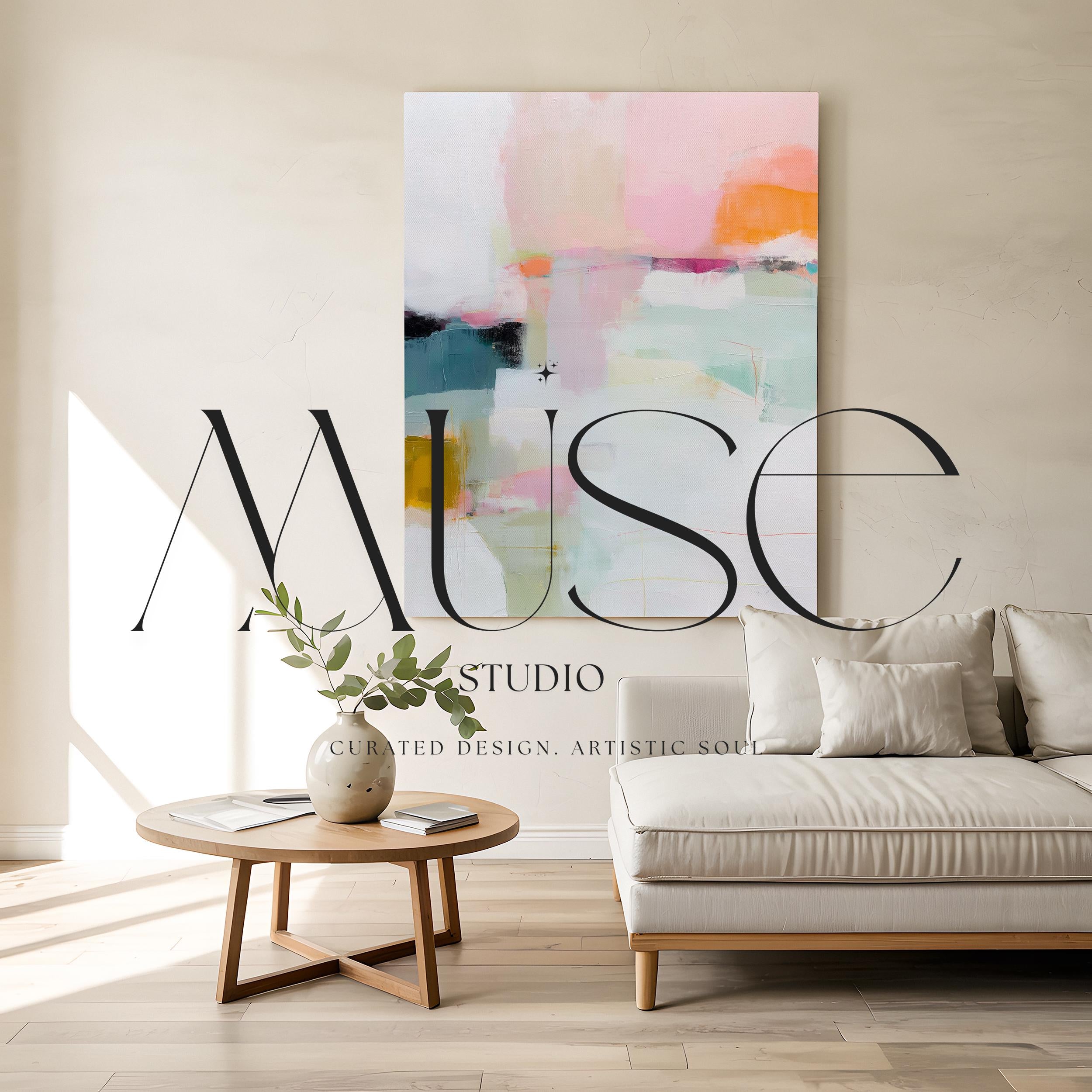 Large vertical abstract canvas wall art featuring blush pink, mint green, muted teal, ochre yellow, and soft coral layered over white, designed for bedroom or entryway placement, adding height and refined contemporary color to modern interiors.