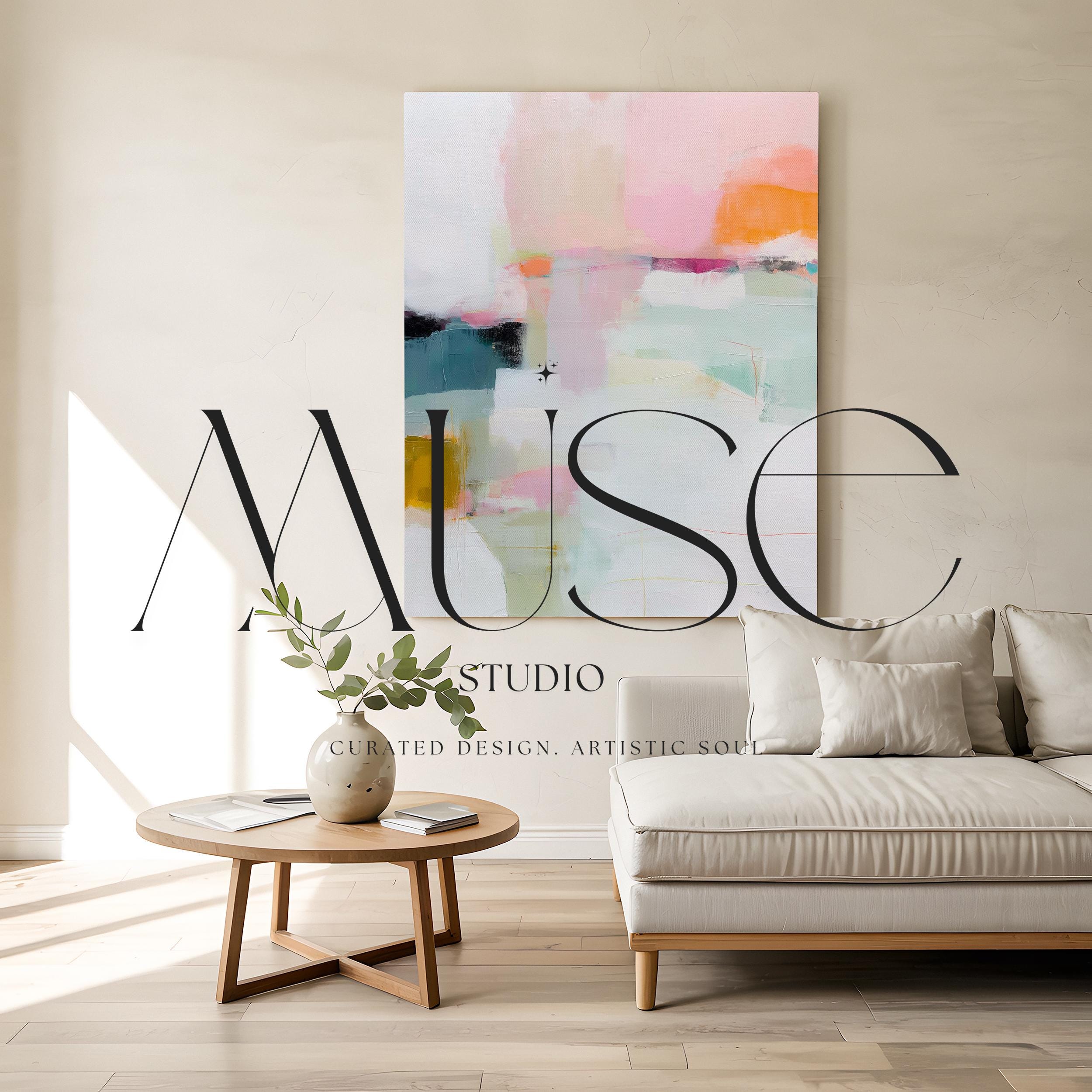 Large vertical abstract canvas wall art featuring blush pink, mint green, muted teal, ochre yellow, and soft coral layered over white, designed for bedroom or entryway placement, adding height and refined contemporary color to modern interiors.
