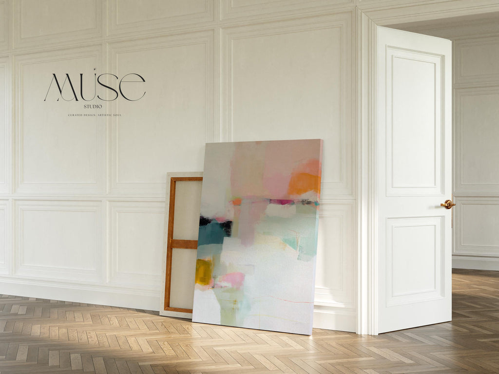 Large vertical abstract canvas wall art featuring blush pink, mint green, muted teal, ochre yellow, and soft coral layered over white, designed for bedroom or entryway placement, adding height and refined contemporary color to modern interiors.