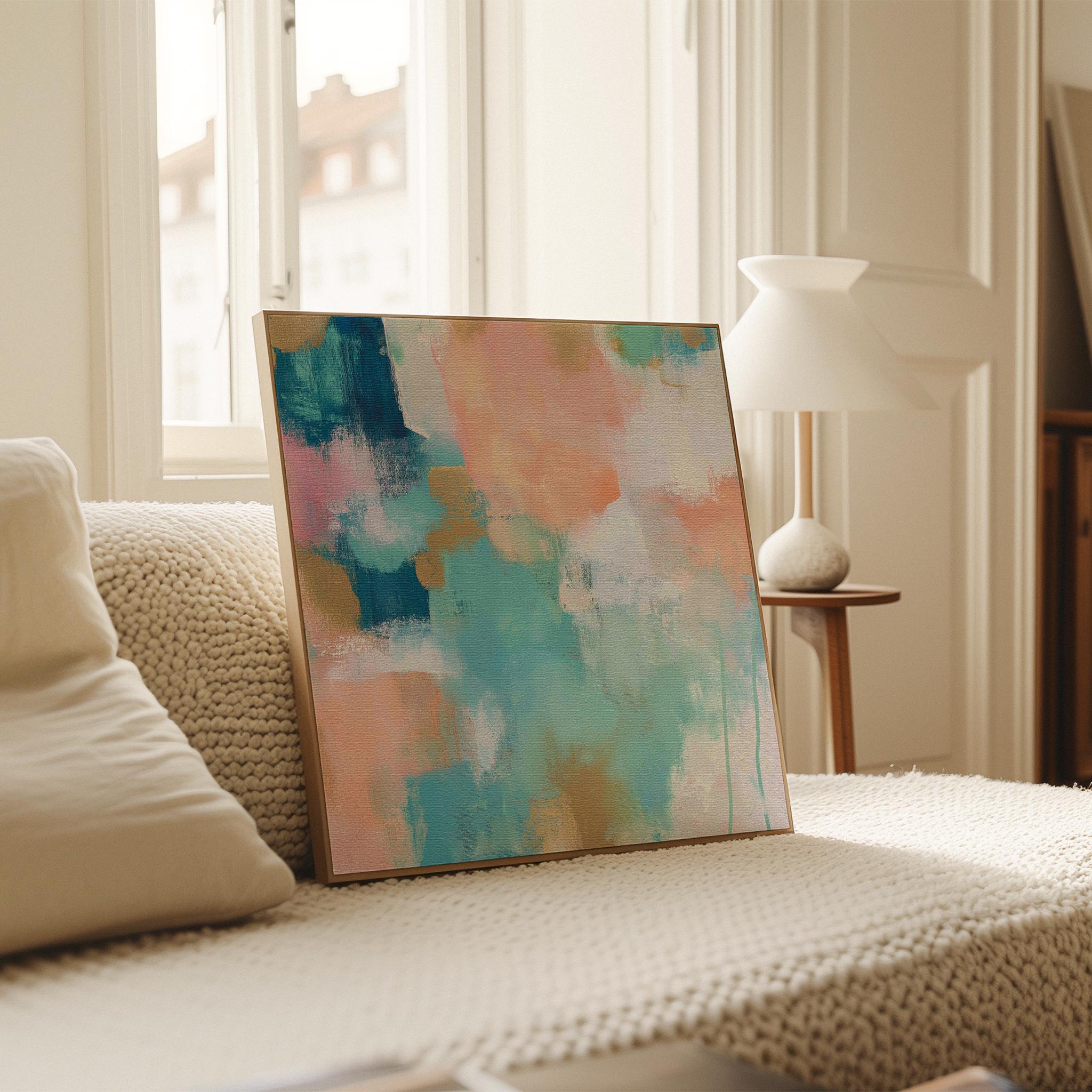 Large square abstract canvas wall art featuring coral, peach, teal, aqua blue, and sand tones with visible brush texture, designed for above couch placement, bringing soft warmth and layered color to a neutral living room or bedroom wall.