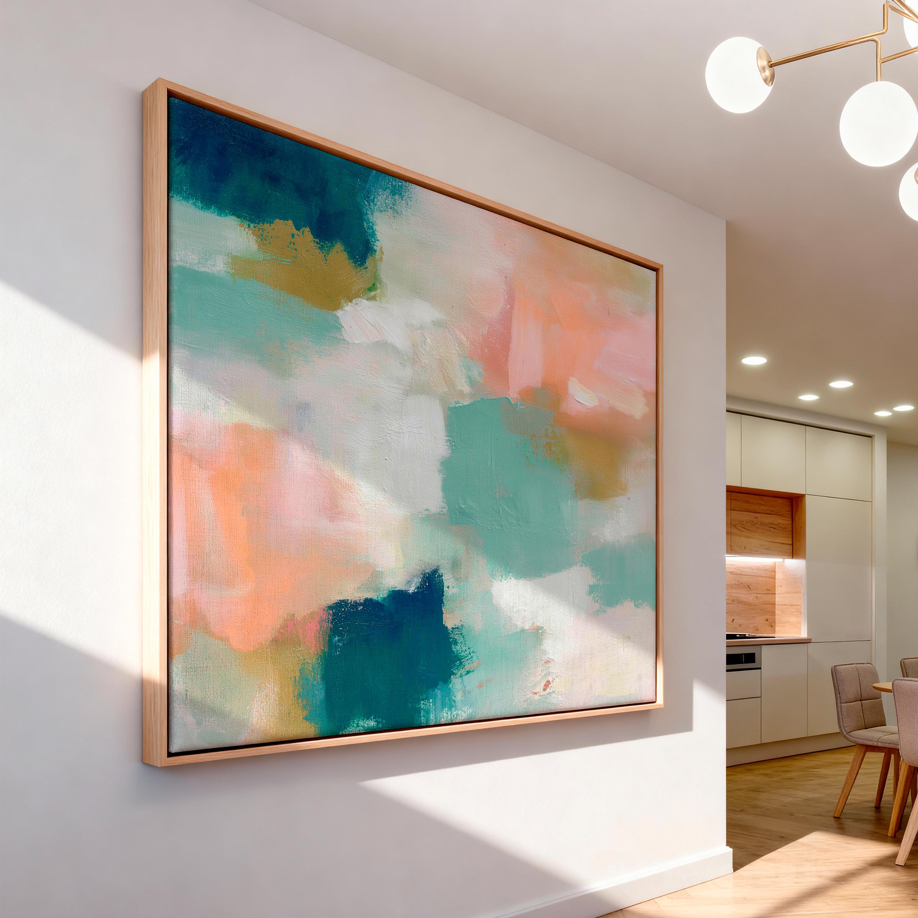 Large horizontal abstract canvas wall art featuring teal blue, mint green, soft peach, and warm sand tones layered over cream, designed for above couch placement, bringing airy color balance and painterly texture to a living room or bedroom wall.