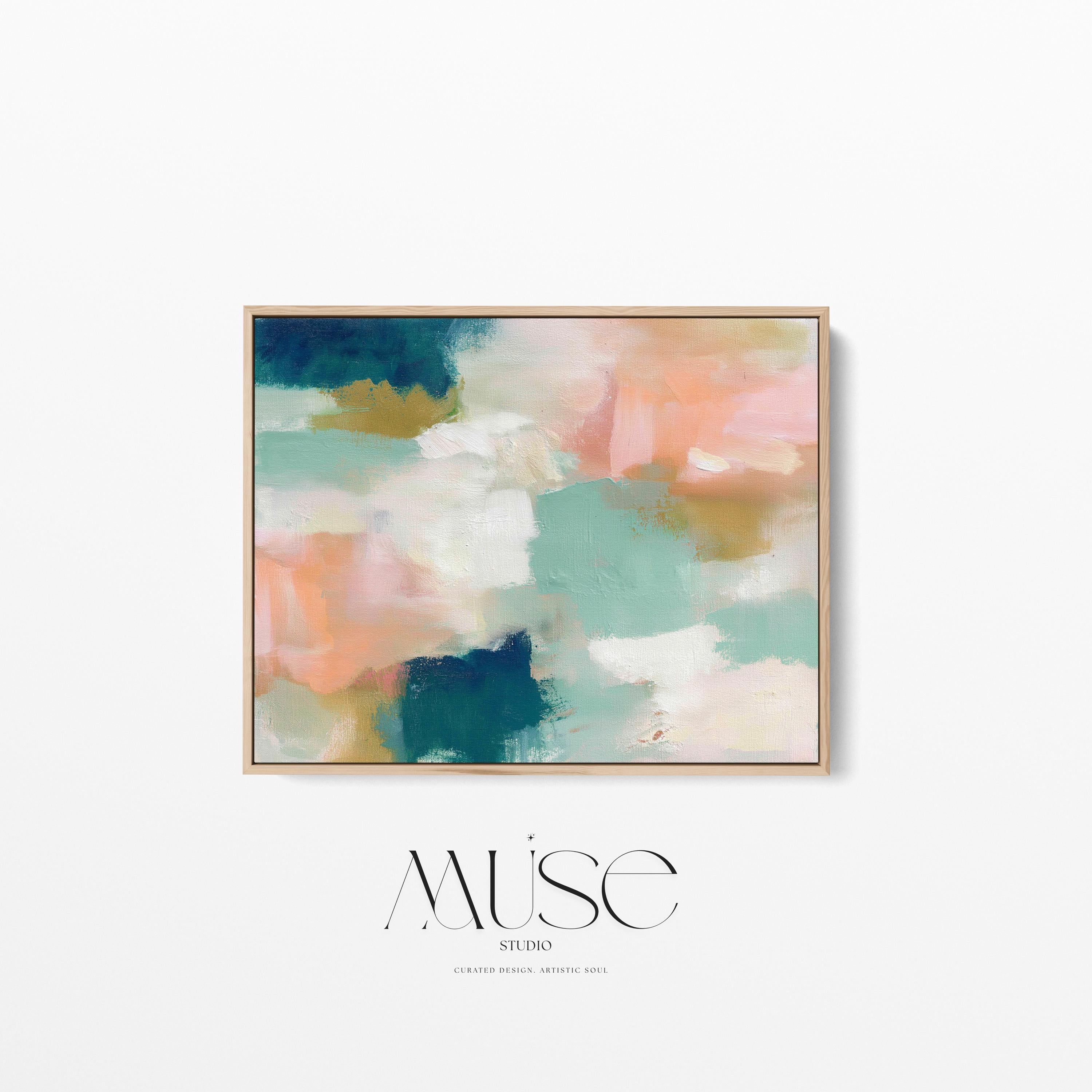 Large horizontal abstract framed canvas wall art featuring deep teal, mint green, soft peach, warm sand, and layered cream brushstrokes, styled above a neutral sofa, adding soft contrast and airy color balance to a curated living room.