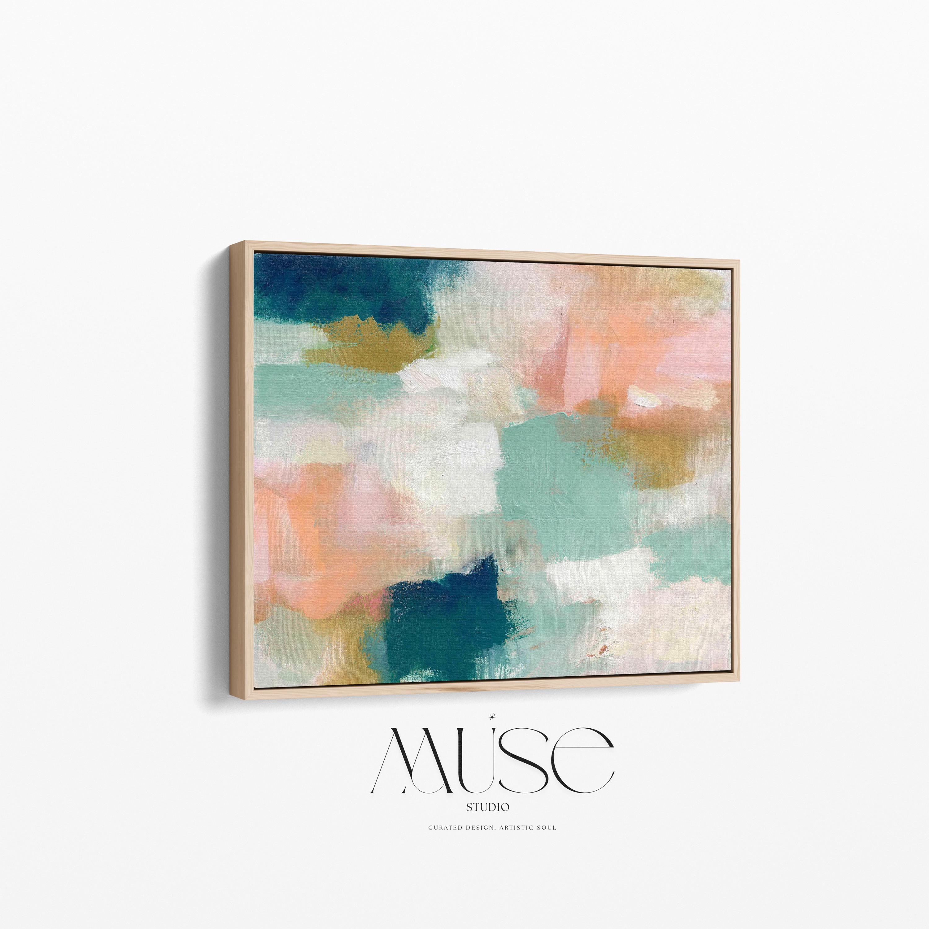 Drifted Light No. 1016 by Muse Studio & Co. bright coastal abstract framed canvas wall art in aqua blue and blush pink tones, printed with museum-grade giclée inks on premium gallery-wrapped artist canvas and framed in a natural wood float frame, styled as colorful coastal wall decor in a light-filled designer living room with custom frame options in natural, white, black, antique gold, and antique silver.
