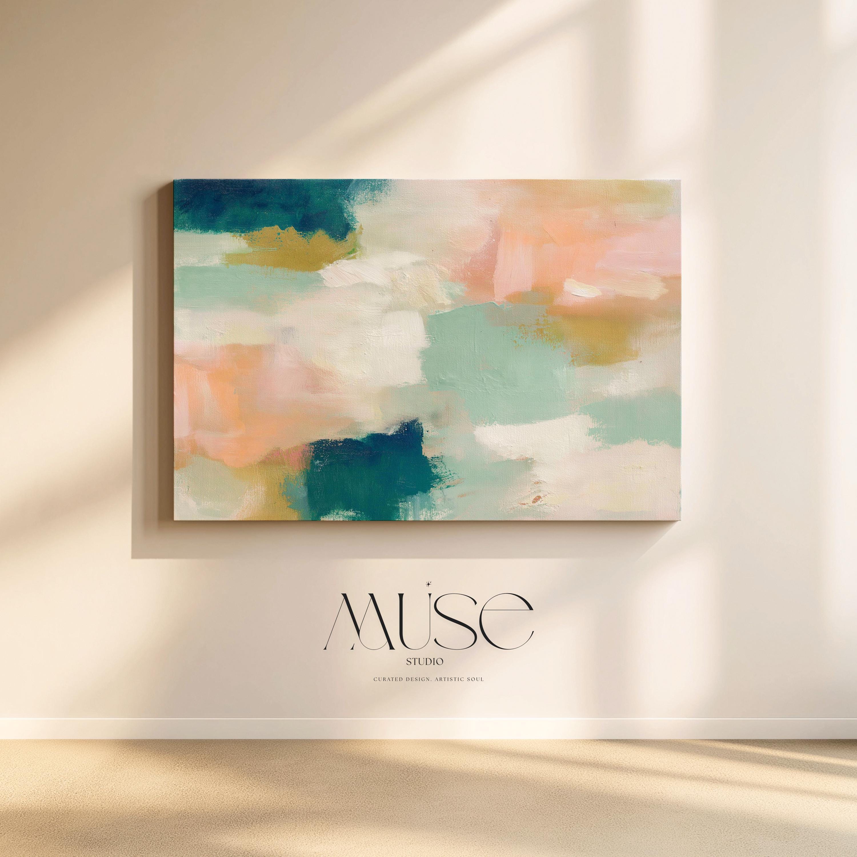 Large horizontal abstract canvas wall art featuring teal blue, mint green, soft peach, and warm sand tones layered over cream, designed for above couch placement, bringing airy color balance and painterly texture to a living room or bedroom wall.