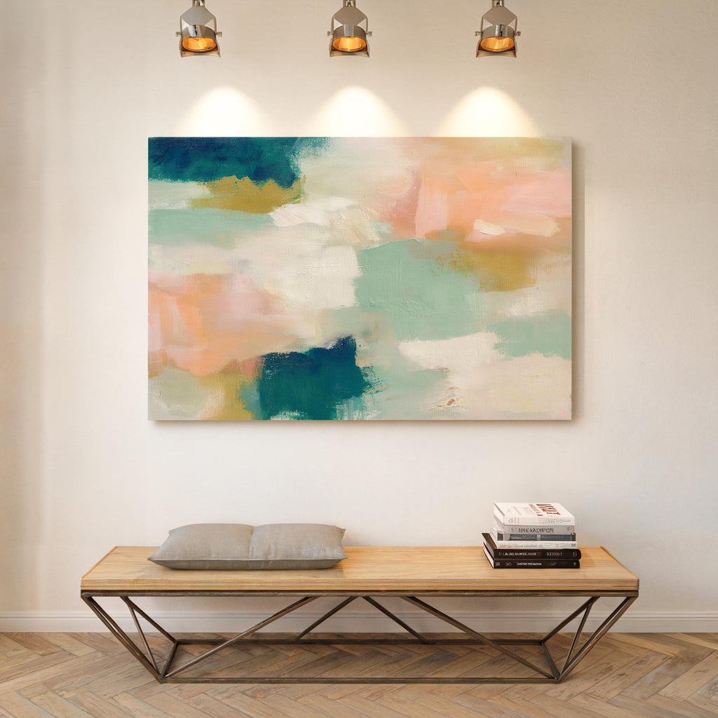 Large horizontal abstract canvas wall art featuring teal blue, mint green, soft peach, and warm sand tones layered over cream, designed for above couch placement, bringing airy color balance and painterly texture to a living room or bedroom wall.
