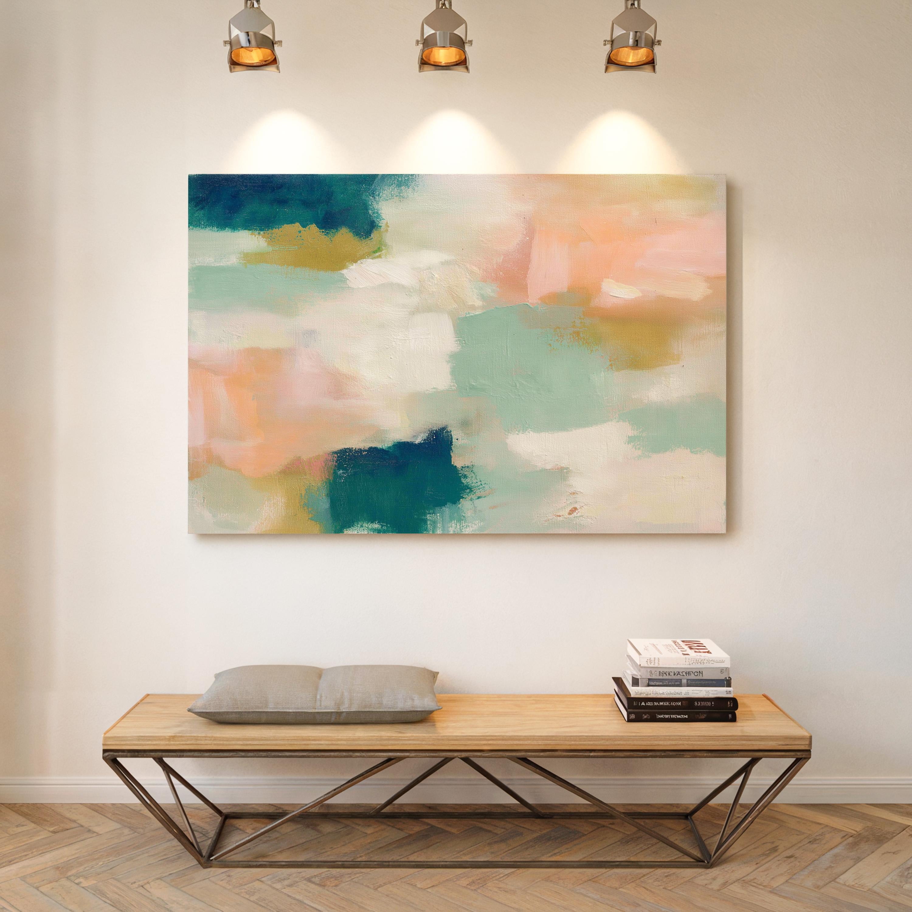 Large horizontal abstract canvas wall art featuring teal blue, mint green, soft peach, and warm sand tones layered over cream, designed for above couch placement, bringing airy color balance and painterly texture to a living room or bedroom wall.