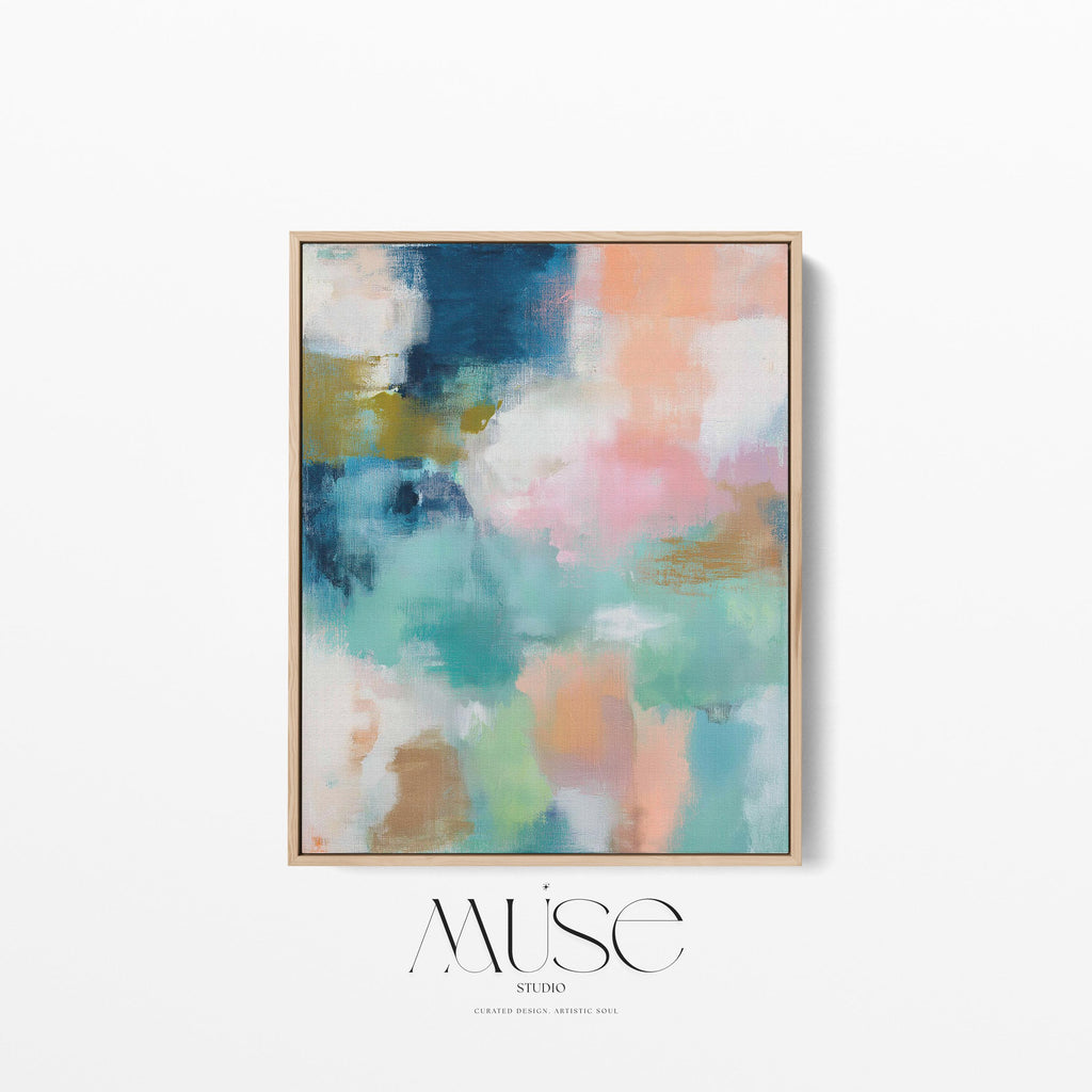 Large vertical abstract framed canvas wall art featuring layered teal, soft peach, cream, blush, and muted gold tones, styled for a serene bedroom or above a console table, offering coastal warmth and quiet luxury in a tall modern interior.