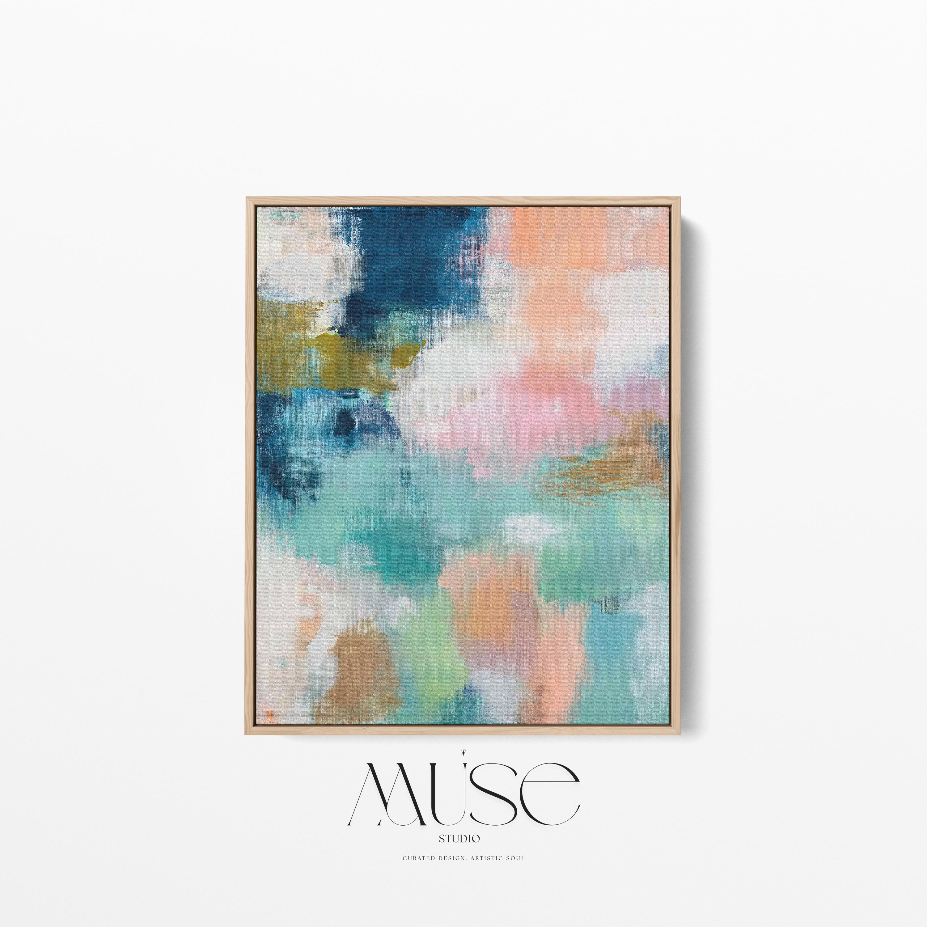 Large vertical abstract framed canvas wall art featuring layered teal, soft peach, cream, blush, and muted gold tones, styled for a serene bedroom or above a console table, offering coastal warmth and quiet luxury in a tall modern interior.