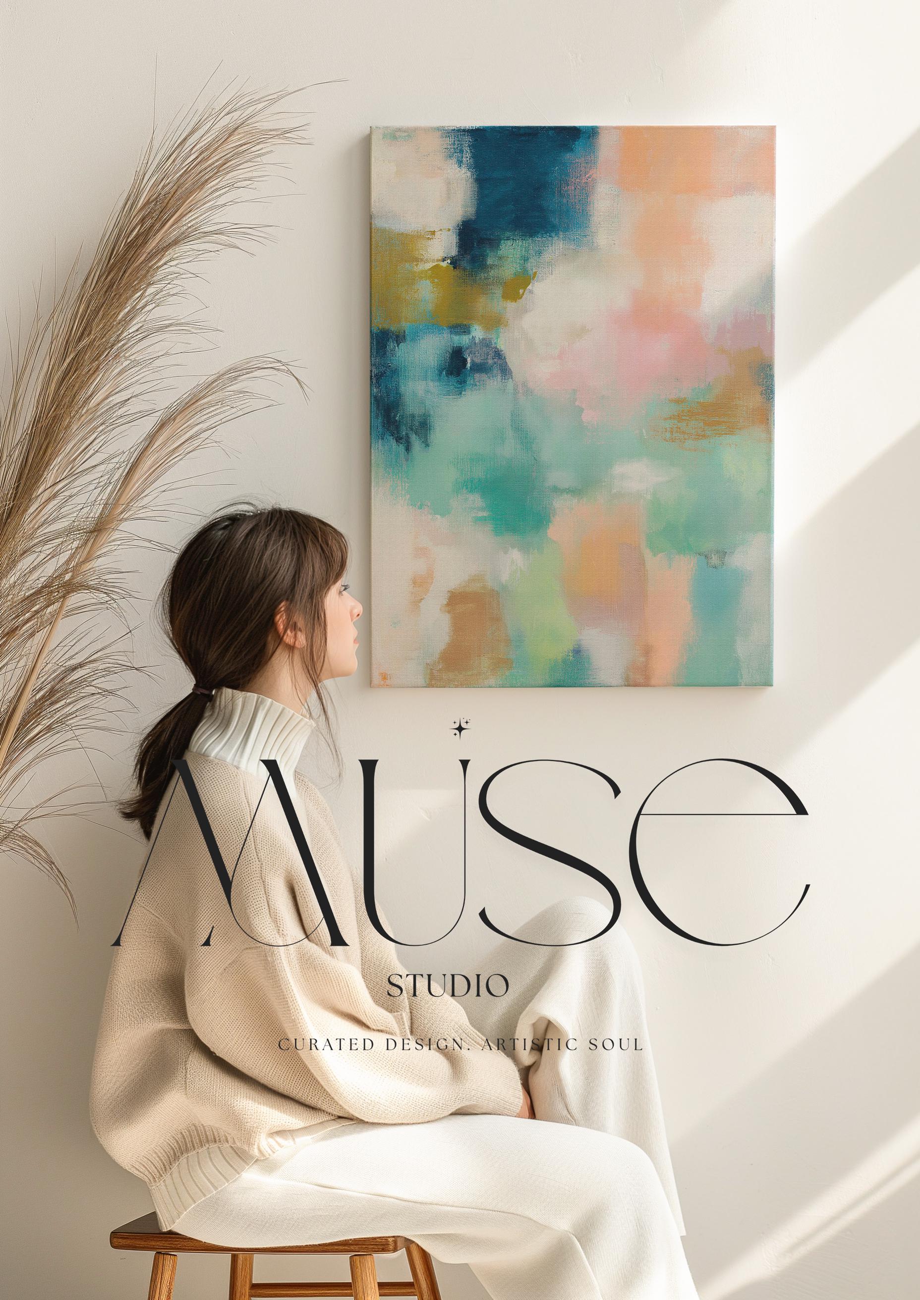 Large vertical abstract canvas wall art in teal, peach, cream, blush, and muted gold tones, designed for above sofa or bedroom placement, offering soft coastal color and calm movement for oversized wall decor.