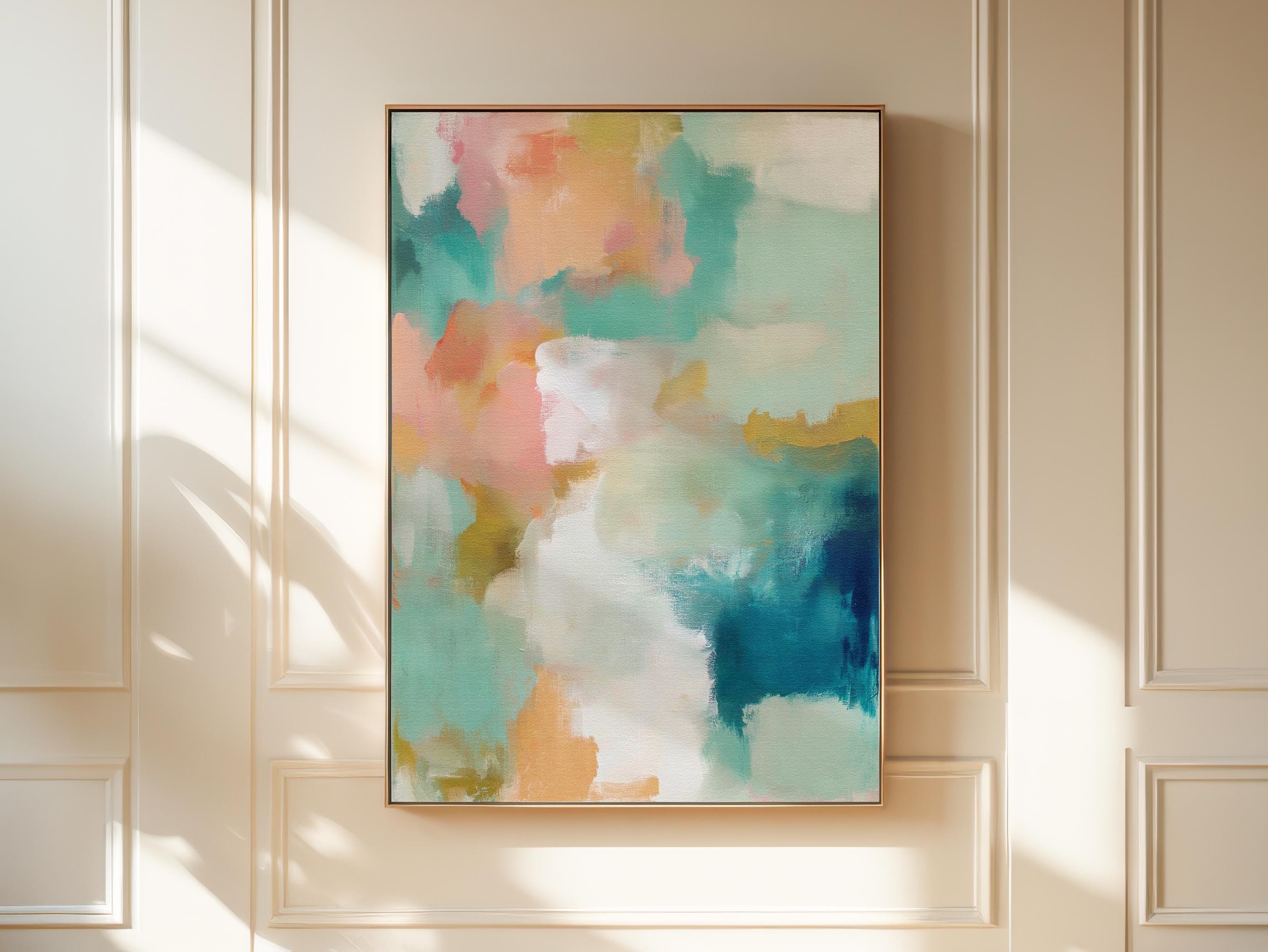 Large vertical abstract framed canvas wall art featuring coral, teal, seafoam green, cream, and soft gold tones, styled for bedroom or above console placement, offering airy coastal color and quiet luxury for tall walls.