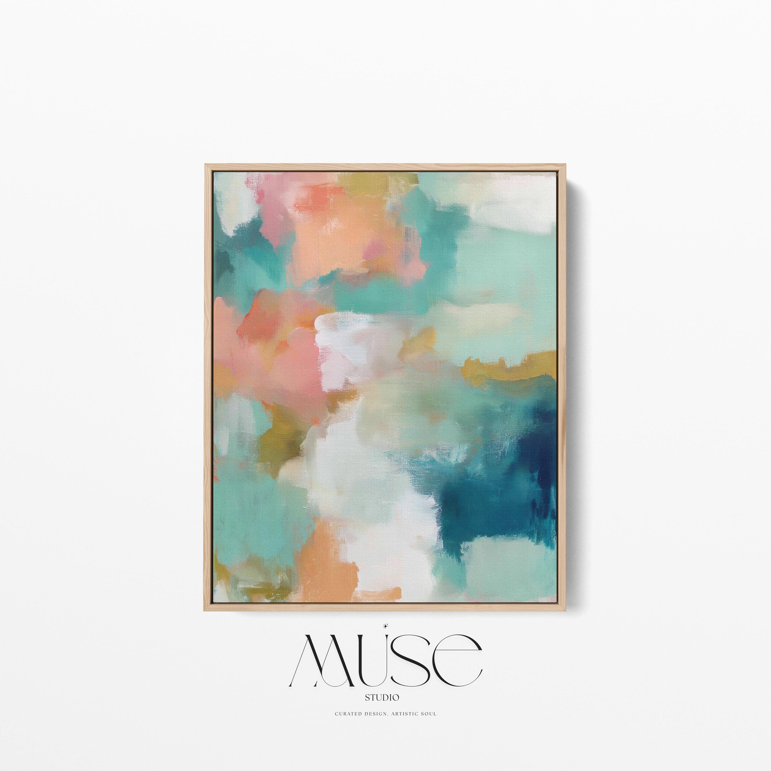 Large vertical abstract framed canvas wall art featuring coral, teal, seafoam green, cream, and soft gold tones, styled for bedroom or above console placement, offering airy coastal color and quiet luxury for tall walls.