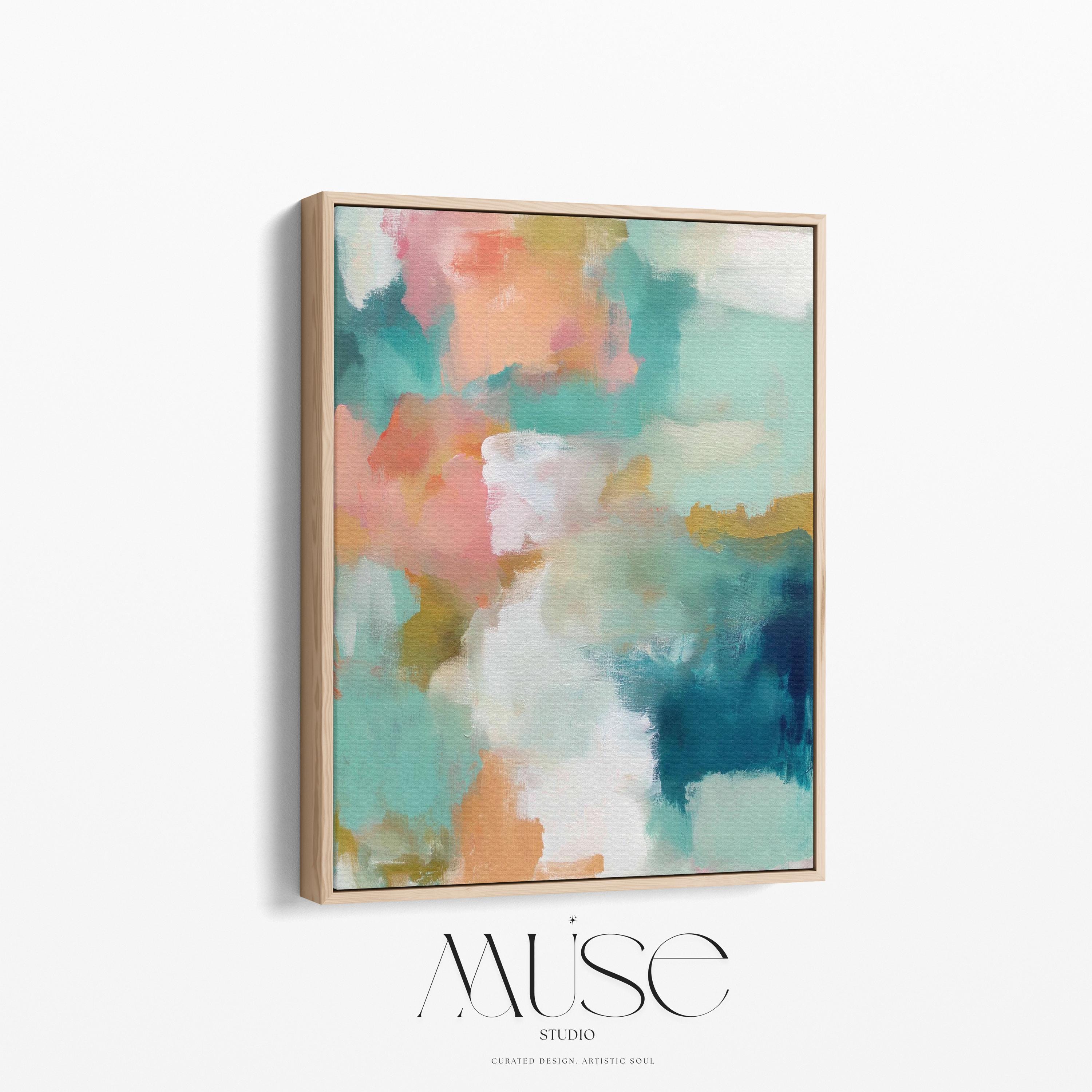 Large vertical abstract framed canvas wall art featuring coral, teal, seafoam green, cream, and soft gold tones, styled for bedroom or above console placement, offering airy coastal color and quiet luxury for tall walls.