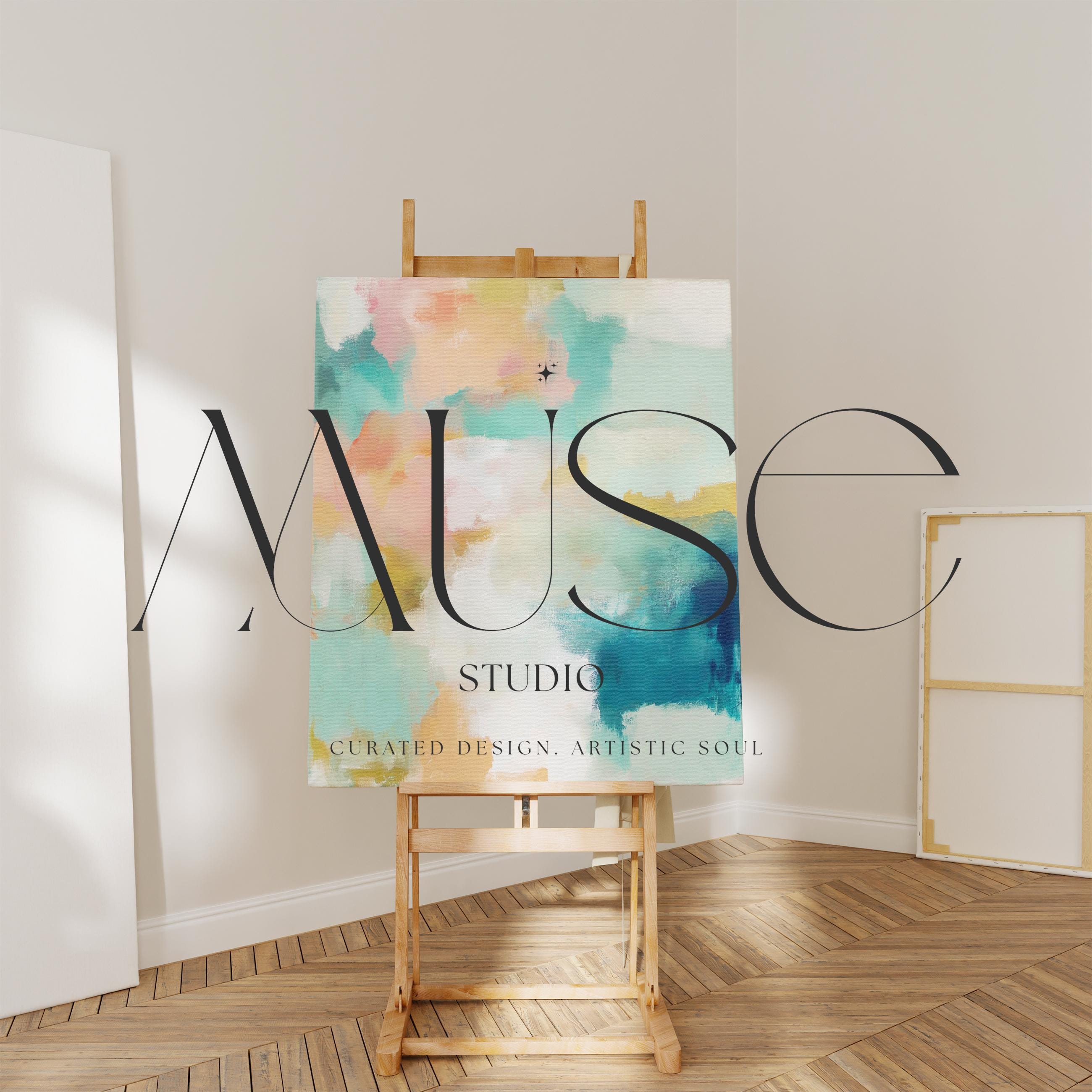 Large vertical abstract canvas wall art in coral, teal, seafoam green, cream, and muted gold tones, designed for above sofa or bedroom placement, offering soft coastal warmth and oversized wall impact.