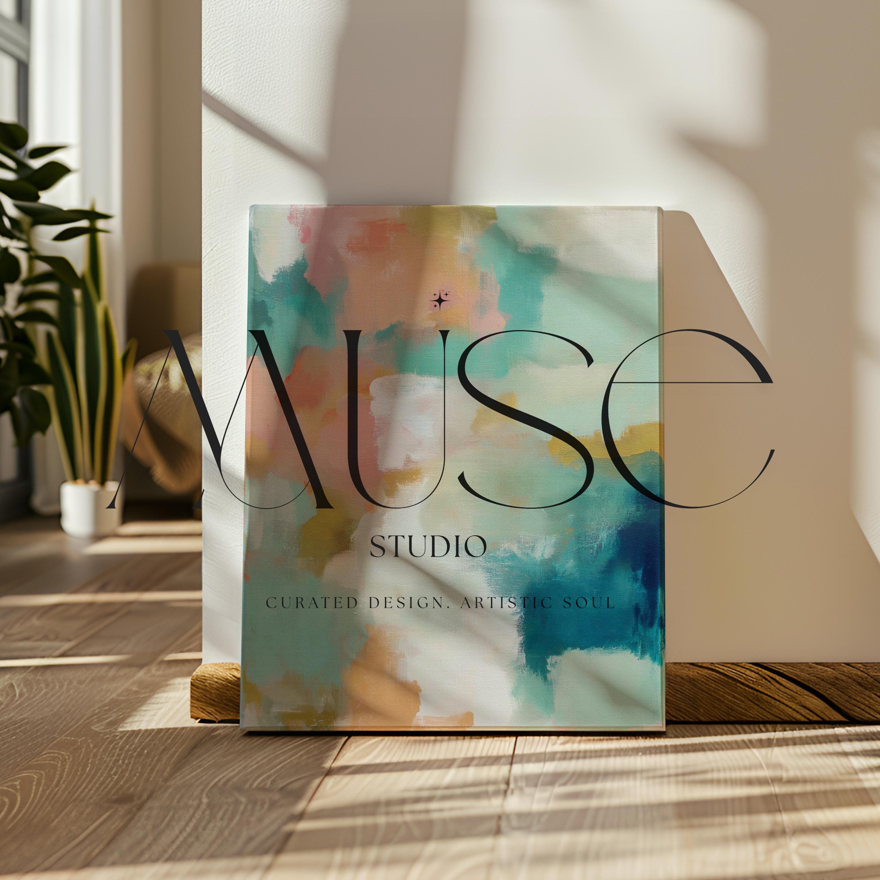 Large vertical abstract canvas wall art in coral, teal, seafoam green, cream, and muted gold tones, designed for above sofa or bedroom placement, offering soft coastal warmth and oversized wall impact.