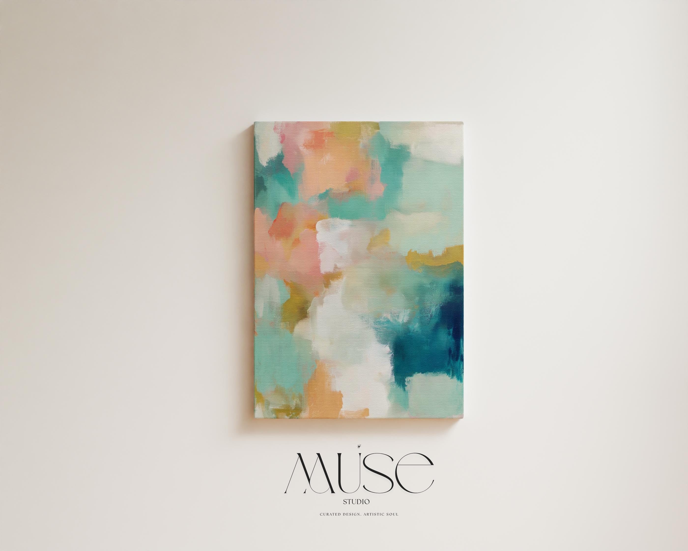Large vertical abstract canvas wall art in coral, teal, seafoam green, cream, and muted gold tones, designed for above sofa or bedroom placement, offering soft coastal warmth and oversized wall impact.