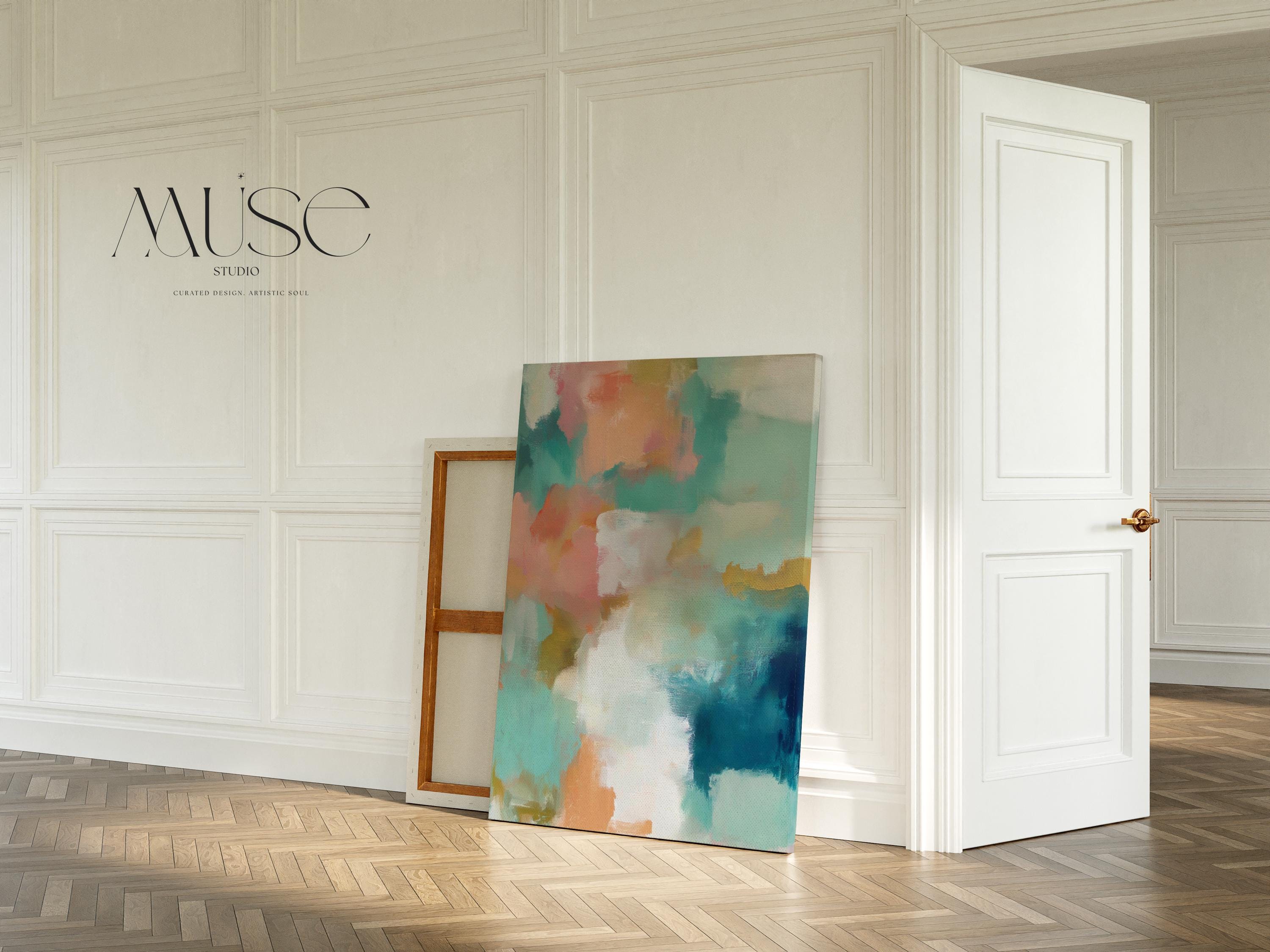Large vertical abstract canvas wall art in coral, teal, seafoam green, cream, and muted gold tones, designed for above sofa or bedroom placement, offering soft coastal warmth and oversized wall impact.