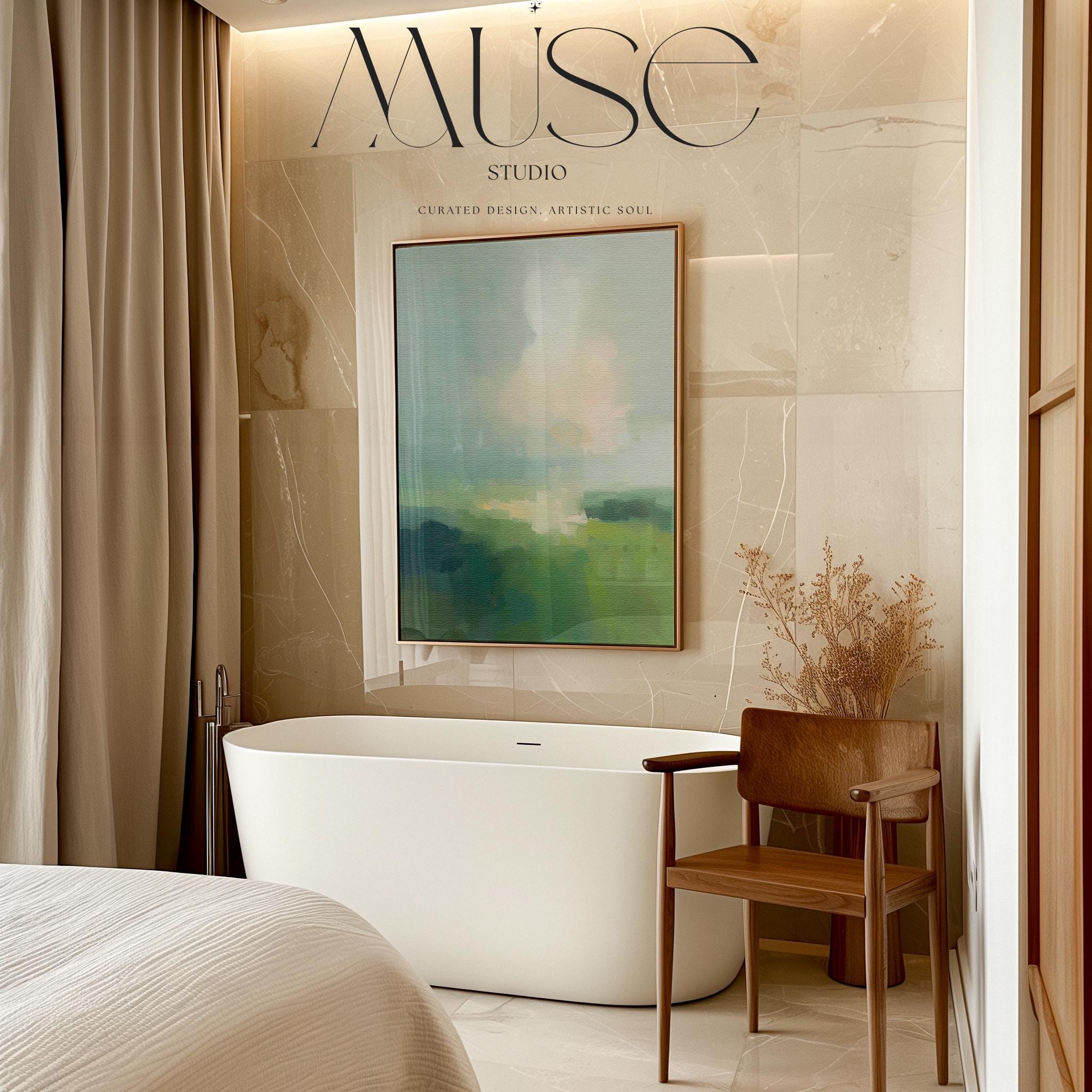 Large vertical abstract framed canvas wall art featuring soft green, sage, muted teal, and pale sky tones, styled for a serene bedroom or calming living space, offering fresh spring-inspired color and airy luxury for tall walls.