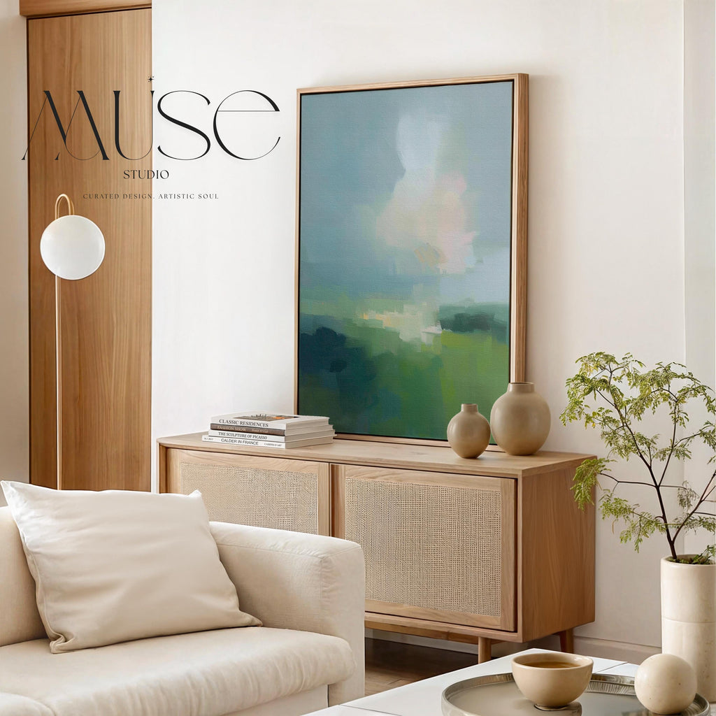 Large vertical abstract framed canvas wall art featuring soft green, sage, muted teal, and pale sky tones, styled for a serene bedroom or calming living space, offering fresh spring-inspired color and airy luxury for tall walls.