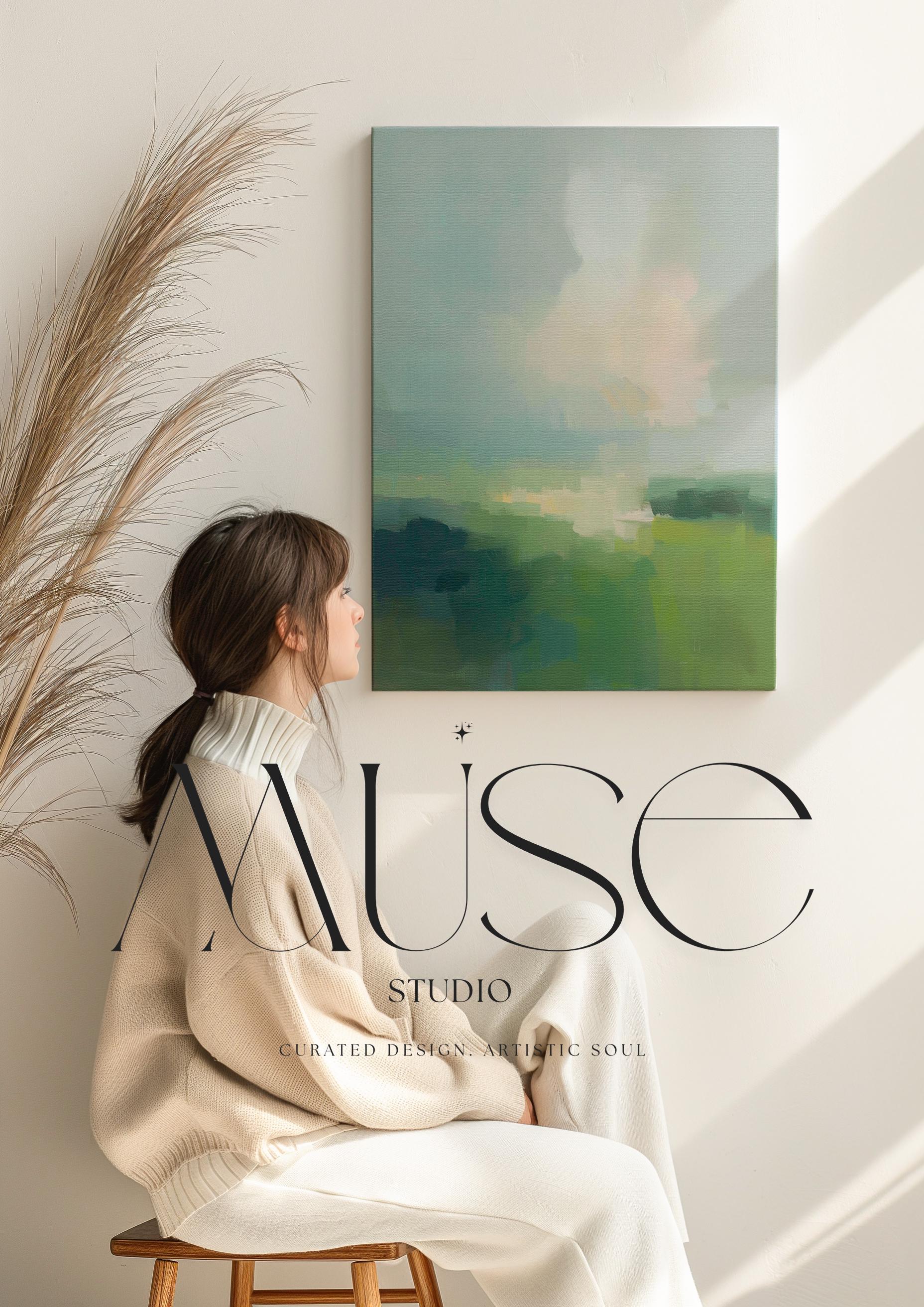 Large vertical abstract canvas wall art in soft green, sage, muted teal, and pale sky tones, designed for bedroom or above sofa placement, offering fresh spring green decor with calm landscape-inspired movement.