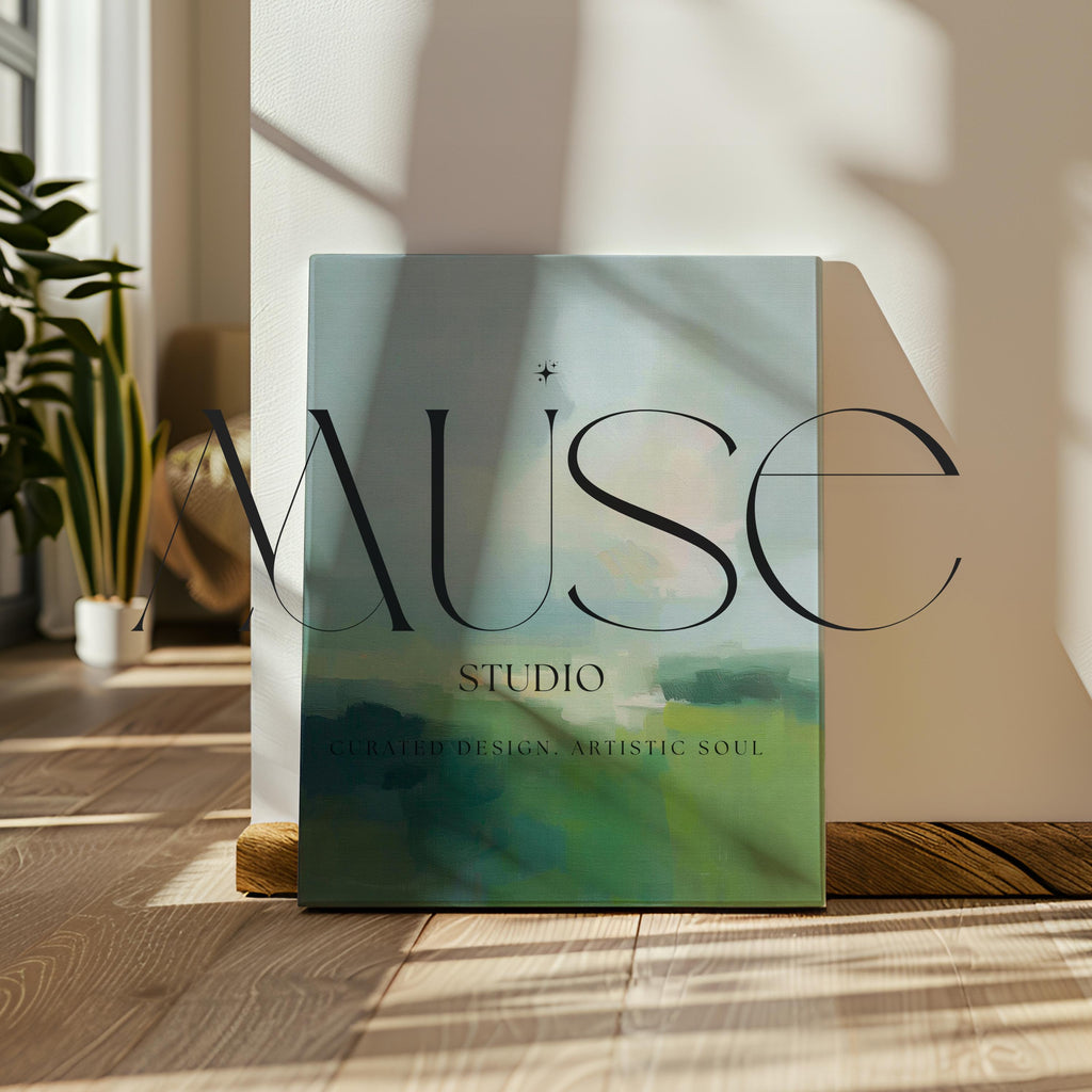 Large vertical abstract canvas wall art in soft green, sage, muted teal, and pale sky tones, designed for bedroom or above sofa placement, offering fresh spring green decor with calm landscape-inspired movement.