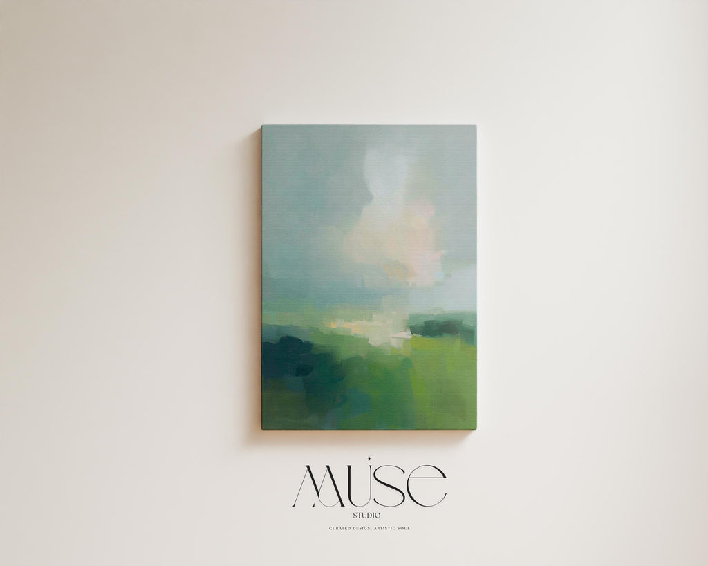 Large vertical abstract canvas wall art in soft green, sage, muted teal, and pale sky tones, designed for bedroom or above sofa placement, offering fresh spring green decor with calm landscape-inspired movement.