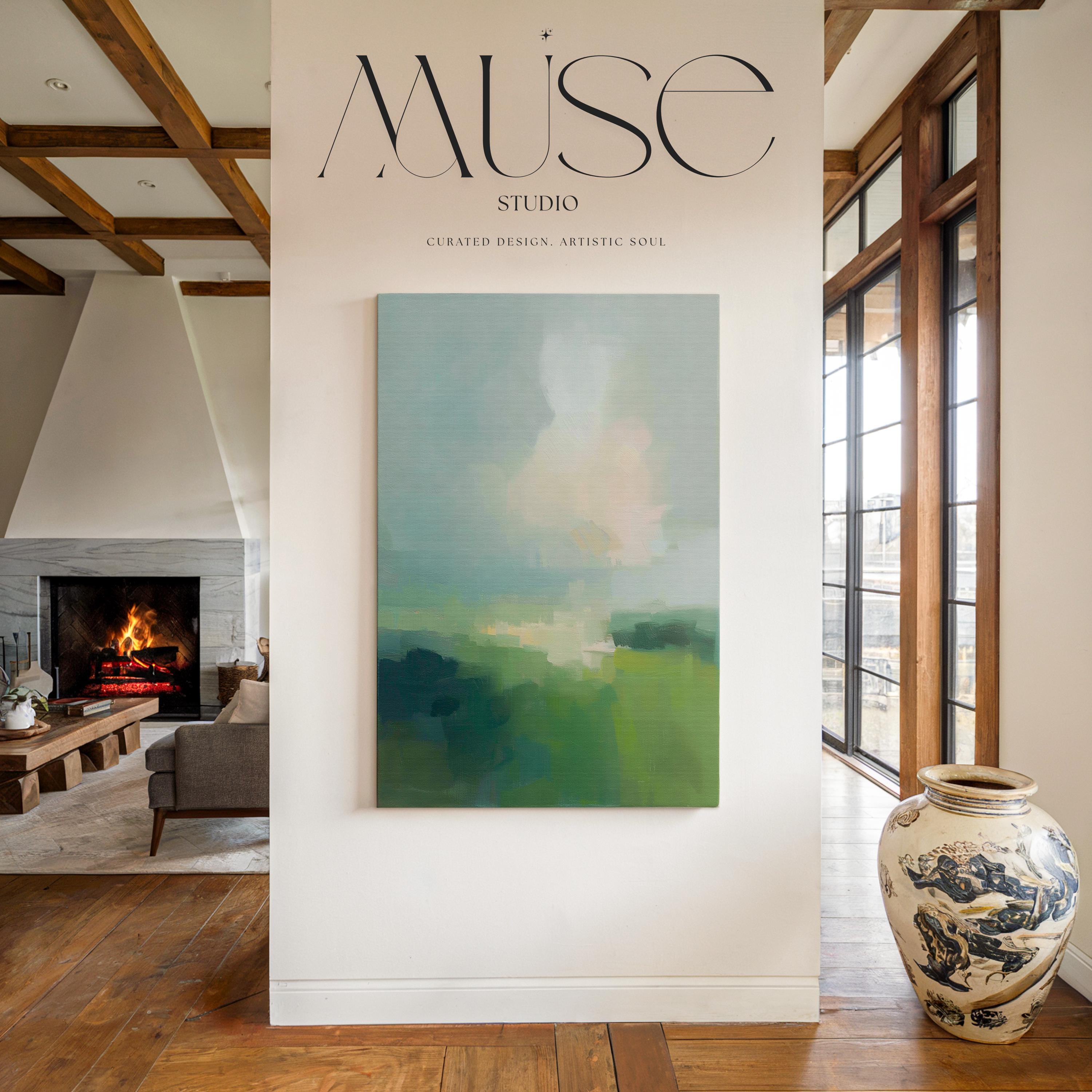Large vertical abstract canvas wall art in soft green, sage, muted teal, and pale sky tones, designed for bedroom or above sofa placement, offering fresh spring green decor with calm landscape-inspired movement.